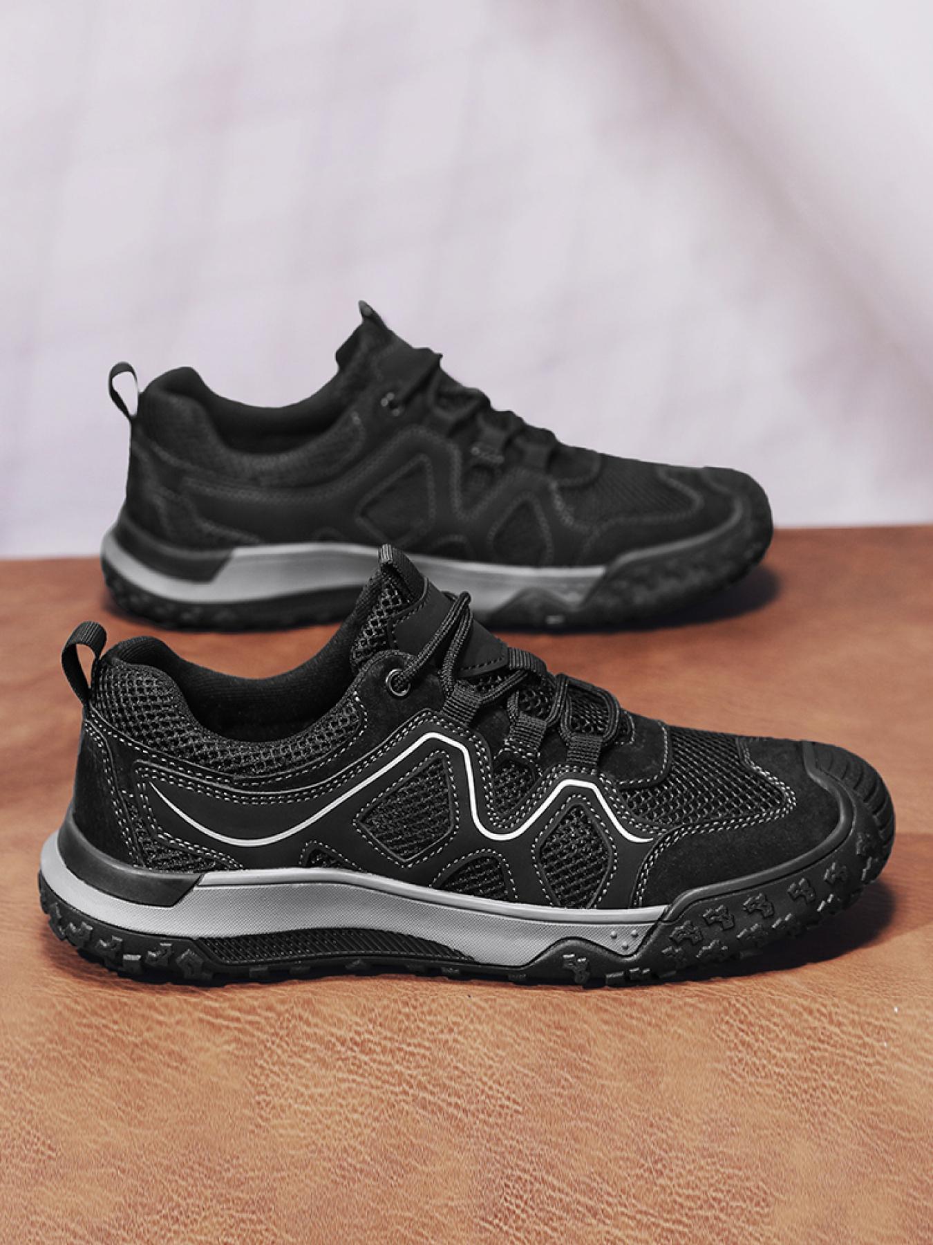 Men's Solid Color Mesh Breathable Outdoor Hiking Shoes Drawstring Toe Cap Trekking Shoes Non-Slip Wear-Resistant Casual Sneakers