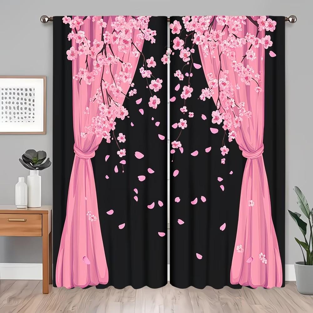 2-piece Pink Cherry Blossom Drifting Petal Romantic Semi-Transparent Polyester Curtains with Rod Installation. Featuring high-definition digital printing and machine-washable fabric, they are ideal for bedrooms, boudoirs, Japanese tea rooms, and cherry bl