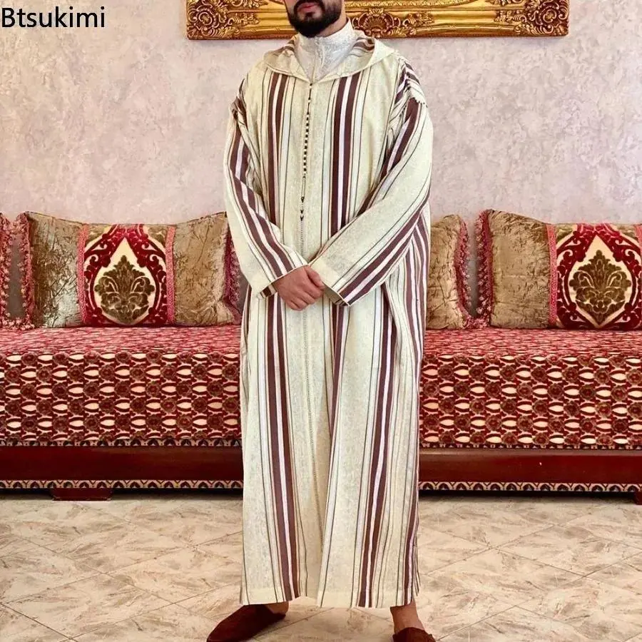 New Muslim Jubba Thobe Clothes Men Hoodie Ramadan Spring Autumn Abaya Dubai Turkey Islamic Clothing Male Casual Loose Red Stripe
