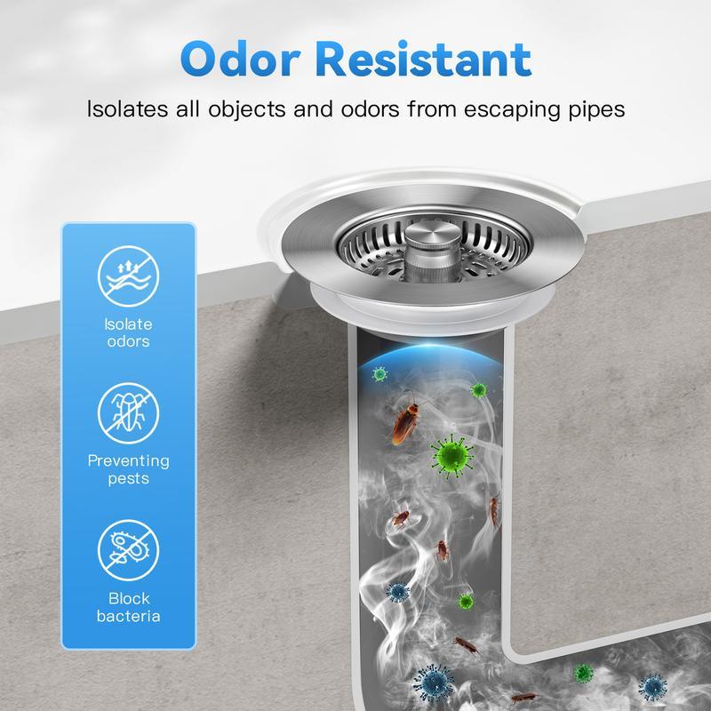 3-in-1 Kitchen Sink Drain Strainer,Stainless Steel Sink Plug, Deodorizing Anti-ClogBasket Strainer for US Standard 3-1/2 Inch Drains Home Goods stainless steel sink strainer stoppe 4 sus304 anti-clogging basket anti-clog
