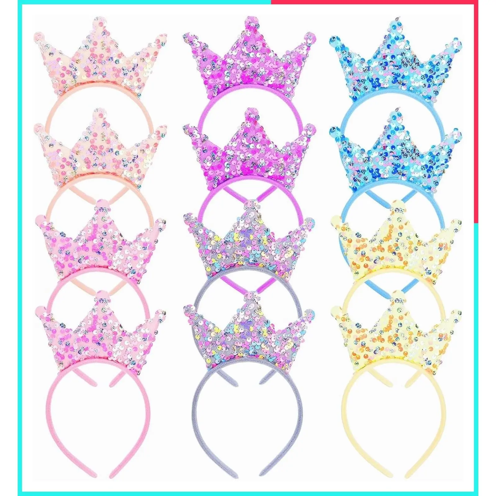 12 Pack Glitter Sequin Princess Crown Headbands - Shiny Stretchy Tiaras Hair Accessories for Birthday Party Gifts