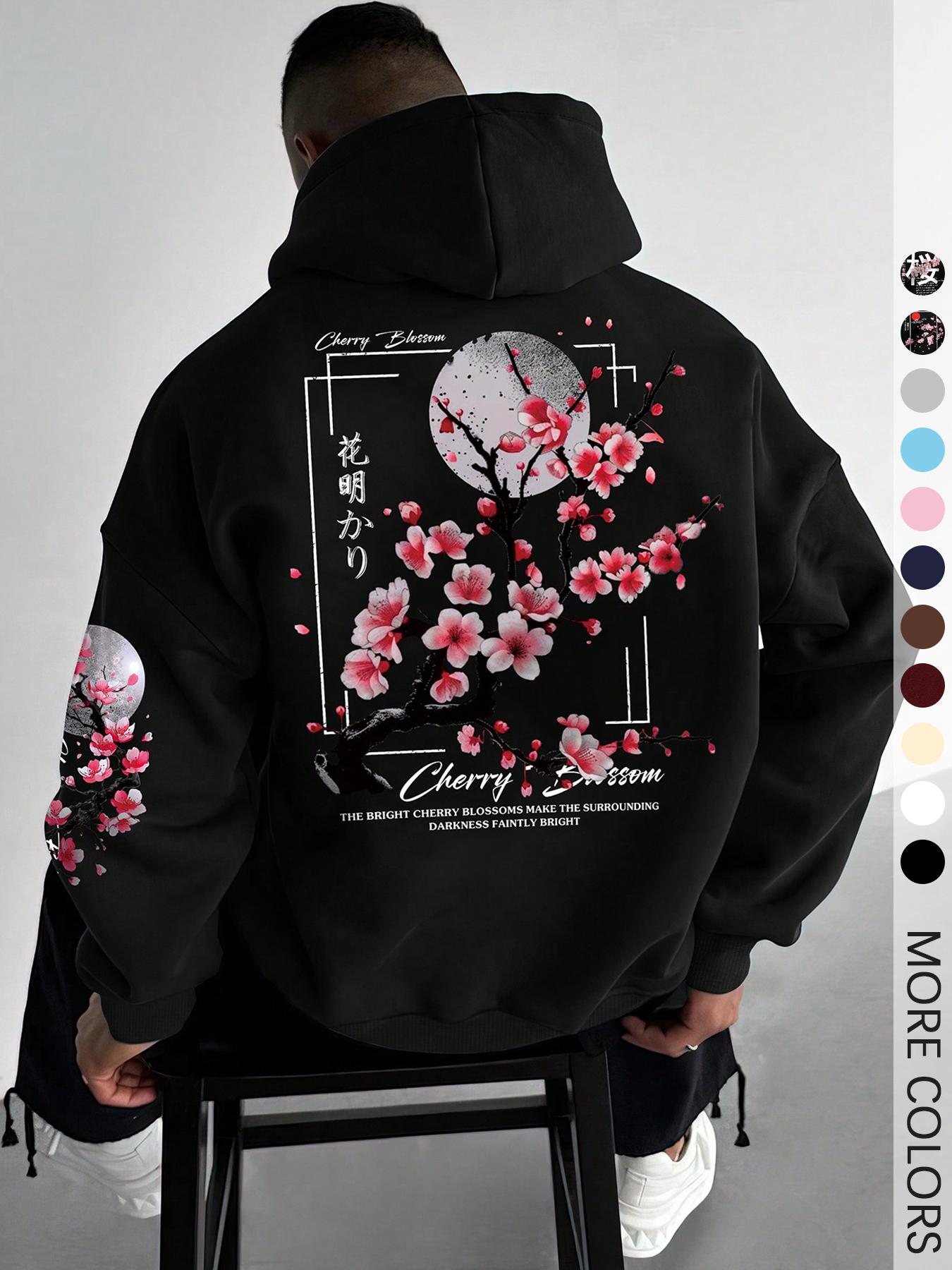 Men's Floral Print Drop Shoulder Thermal Lined Hoodie, Floral Hoodies, Fashion Casual Regular Fit Drawstring Pocket Hooded Sweatshirt, Casual Streetwear Sweatshirt for Daily Holiday Outdoor Wear, Men Clothes for Fall & Winter