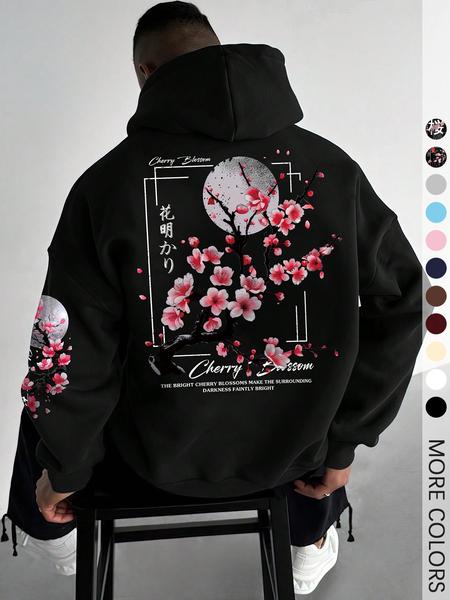 Men's Floral Print Drop Shoulder Thermal Lined Hoodie, Graphic Print Hoodie, Fashion Casual Regular Fit Drawstring Pocket Hooded Sweatshirt, Casual Streetwear Sweatshirt for Daily Holiday Outdoor Wear, Men Clothes for Fall & Winter