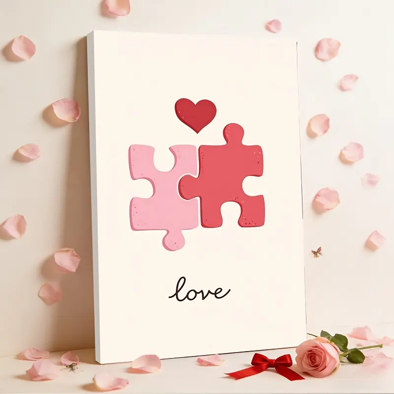 2D Flat Art Poster| Valentine'S Day Card with Two Puzzle Pieces Connected by a Heart| Vertical Decorative Painting, Suitable for Living Room, Bedroom, Kitchen, Bathroom, Indoor and Outdoor Use, Perfect Valentine'S Day Gift, High-Quality