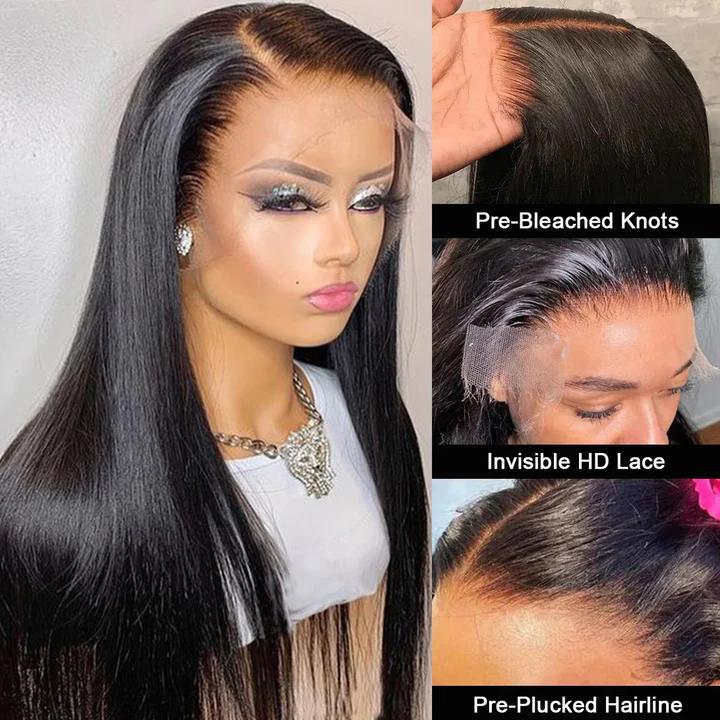 Dachic Hair 13x6 HD Lace Frontal Straight Wigs Human Hair 180 Density HD Transparent Lace Front Wigs Human Hair Pre Plucked Lace Frontal Body Wave Wigs Natural Black Color  for Women