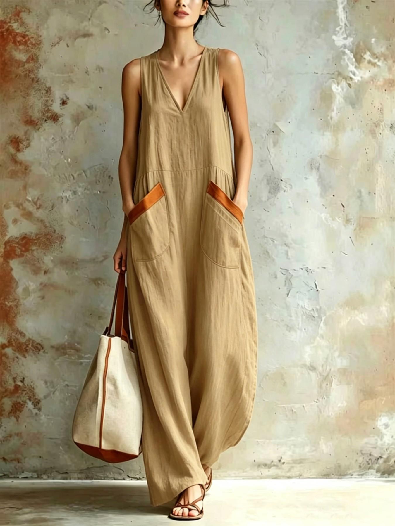 Women's Summer New Casual Fashion Chic Sleeveless V-Neck Loose Comfortable Lightweight Solid Dress, Summer Tank Dresses, Daily Commute, Trendy Ladies' Clothing
