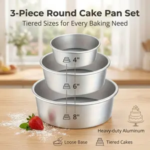 3-Piece Round Aluminum Cake Pan Set, 4/6/8 Inch Tiered Baking Pans with Loose Base for Home & Professional Baking