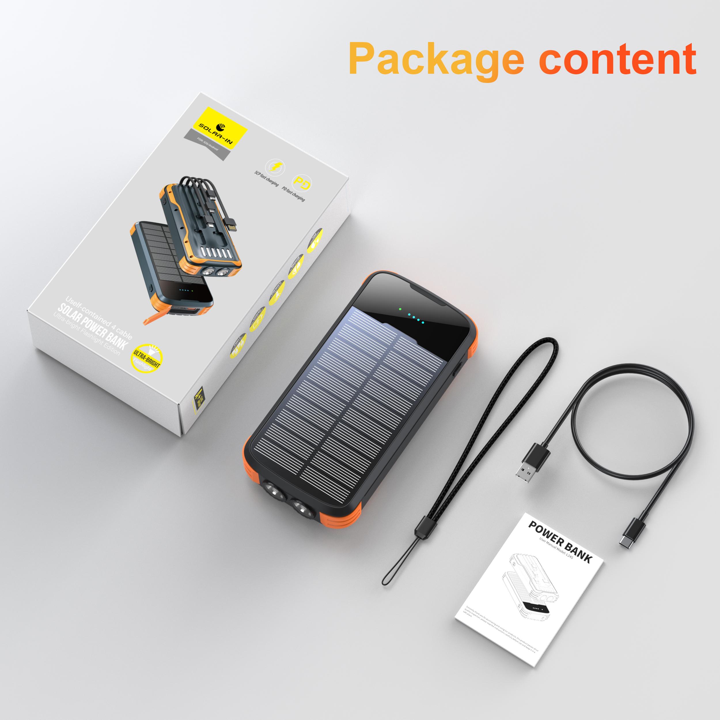 citicr 40000mah large-capacity solar power bank, equipped with 4 cable outputs, 5 QC3.0PD 20W fast charging channels, 2 lighting fixtures, and 1 solar panel for efficient charging. It is suitable for outdoor activities, fishing and camping
