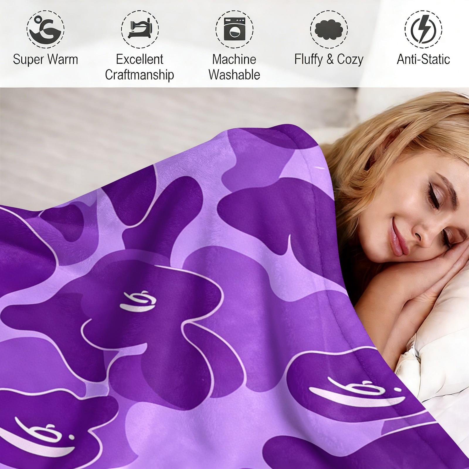 All Season Flannel Blanket, Purple Camouflage Street Cartoon Graphic Fleece Throw Blanket, Monkey Head With Red Star Pattern Warm Nap Blanket, Portable Travel Home Decor Blanket