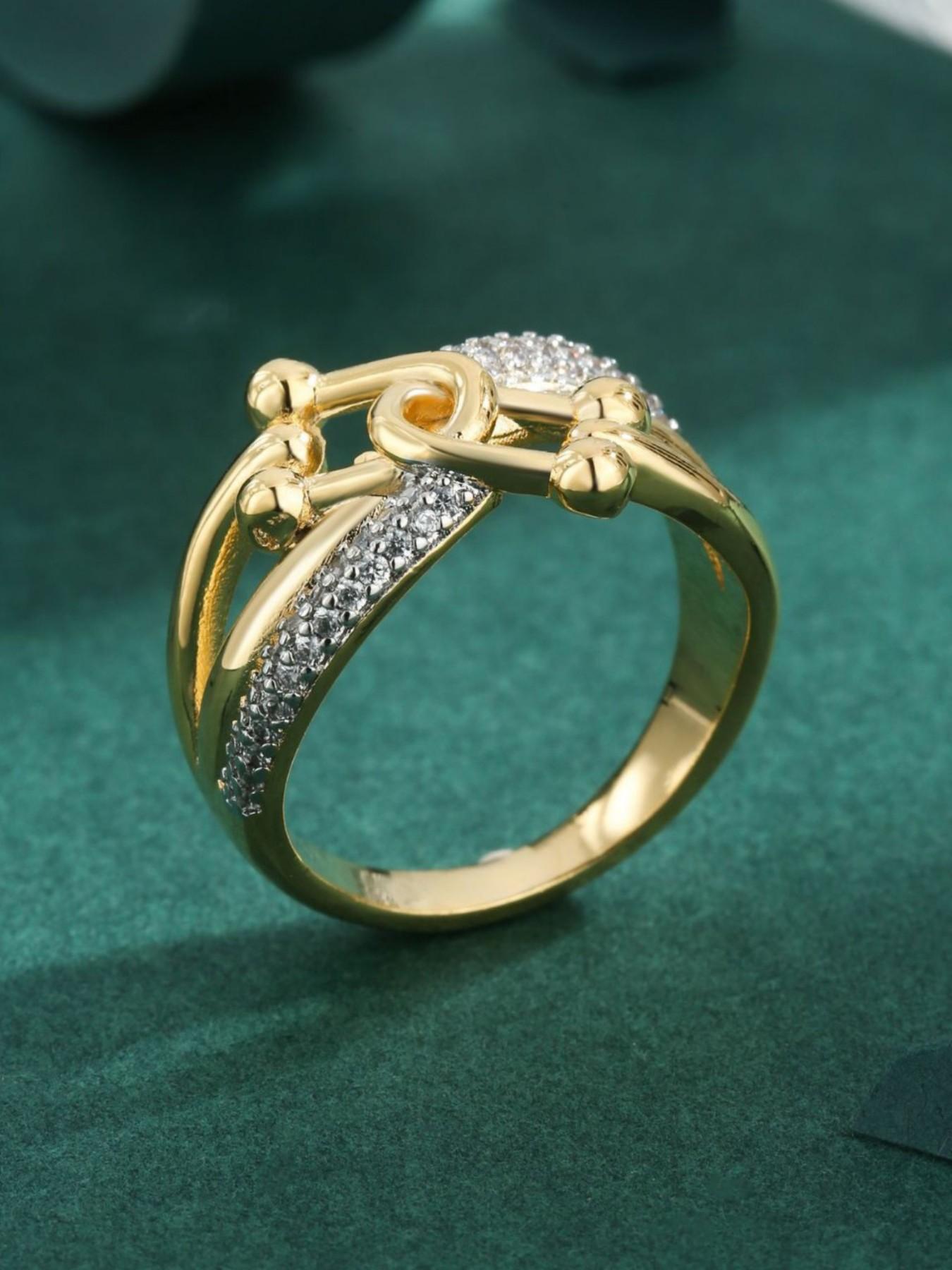 Cool Interlocking Horseshoe Ring, Bright Zircon Studded, Stackable Rings Women's Jewelry, Sizes 6-10, Casual Style