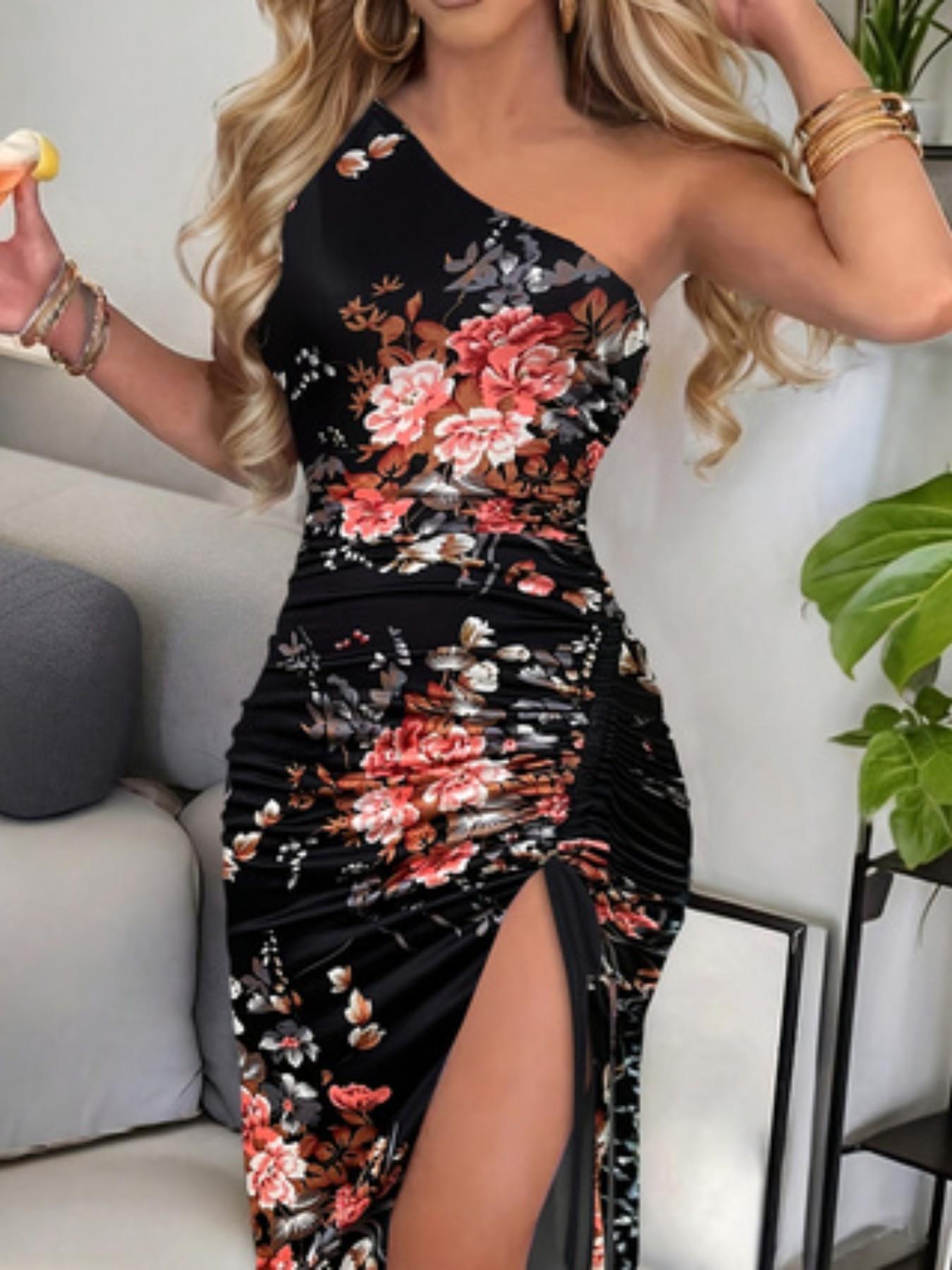 Sexy Chic Floral Print Drawstring Dress, High Slit Bodycon Asymmetrical Neckline, Sleeveless Long Dress for Women, Elegant Evening Wear, Bodycon Party Gown, Evening Glam Gown