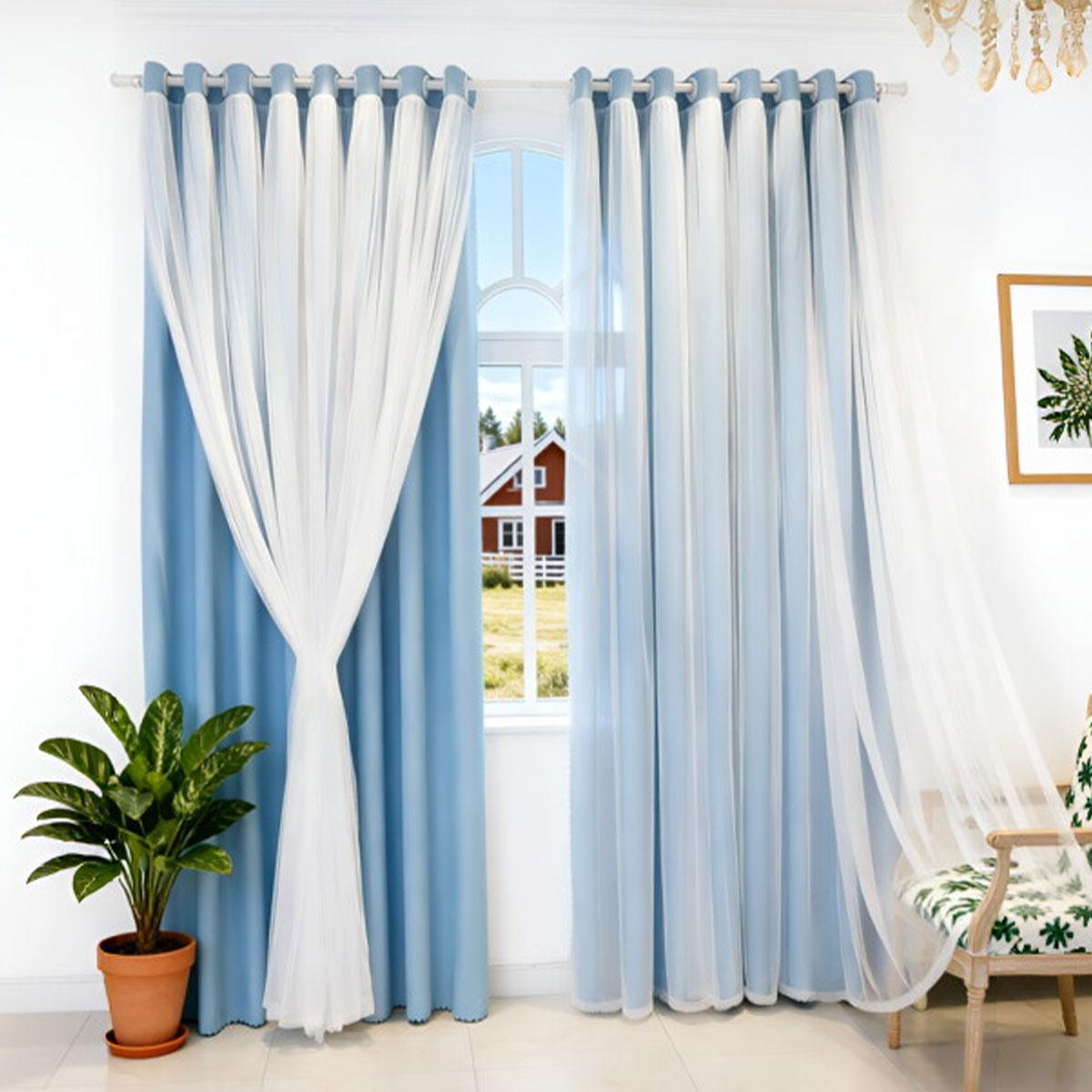 2pcs Wind Double Layer Sheer Curtain Set, Bedroom Girl Style Light Blocking Curtains, Living Room Balcony Soft Atmosphere Curtains