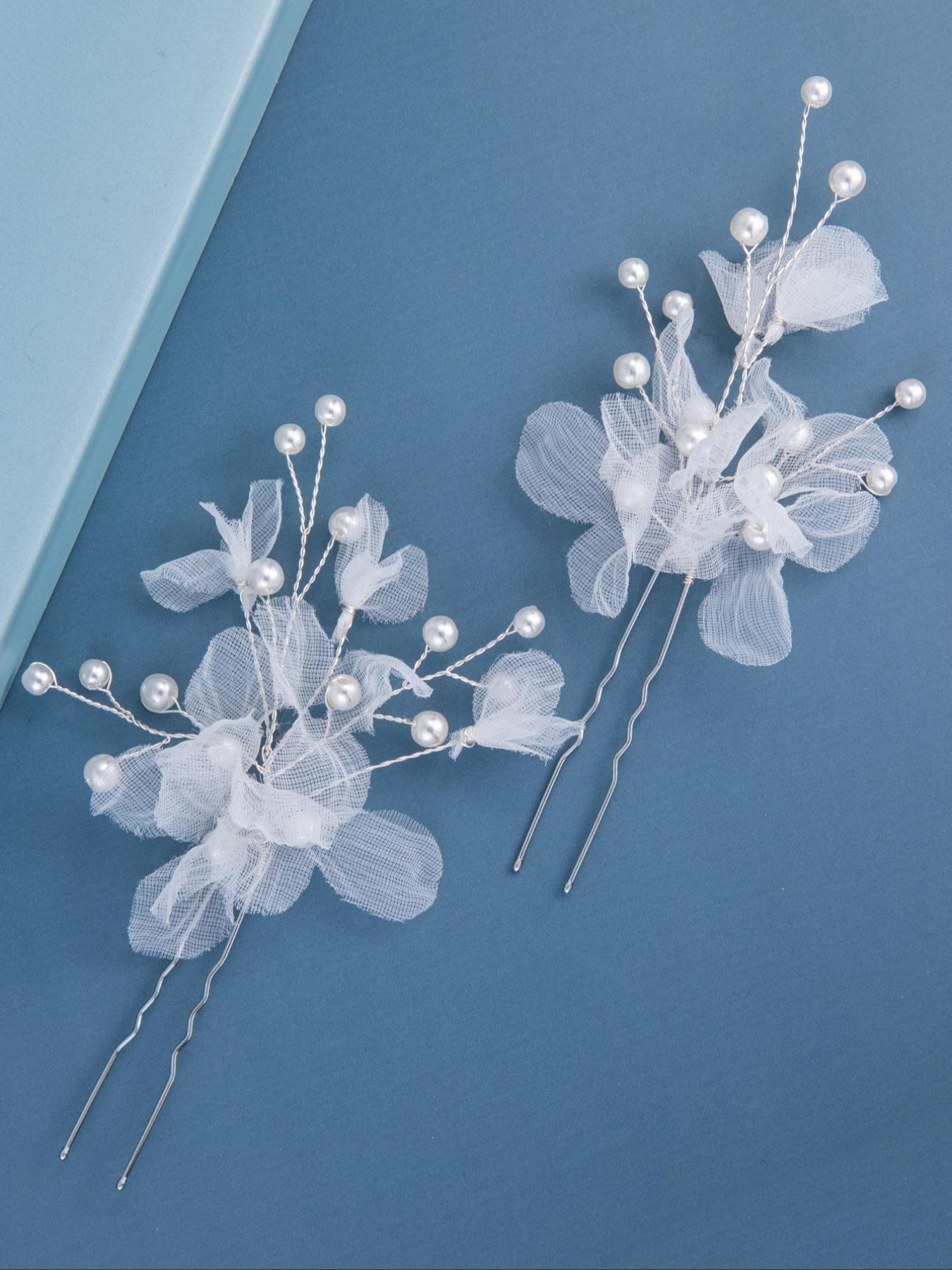 Elegant Net Flower Pearl Bridal Hair Pin Set, Boho Wedding Accessories, U-Shaped Hair Clip for Prom Evening Party Maid of Honor Look