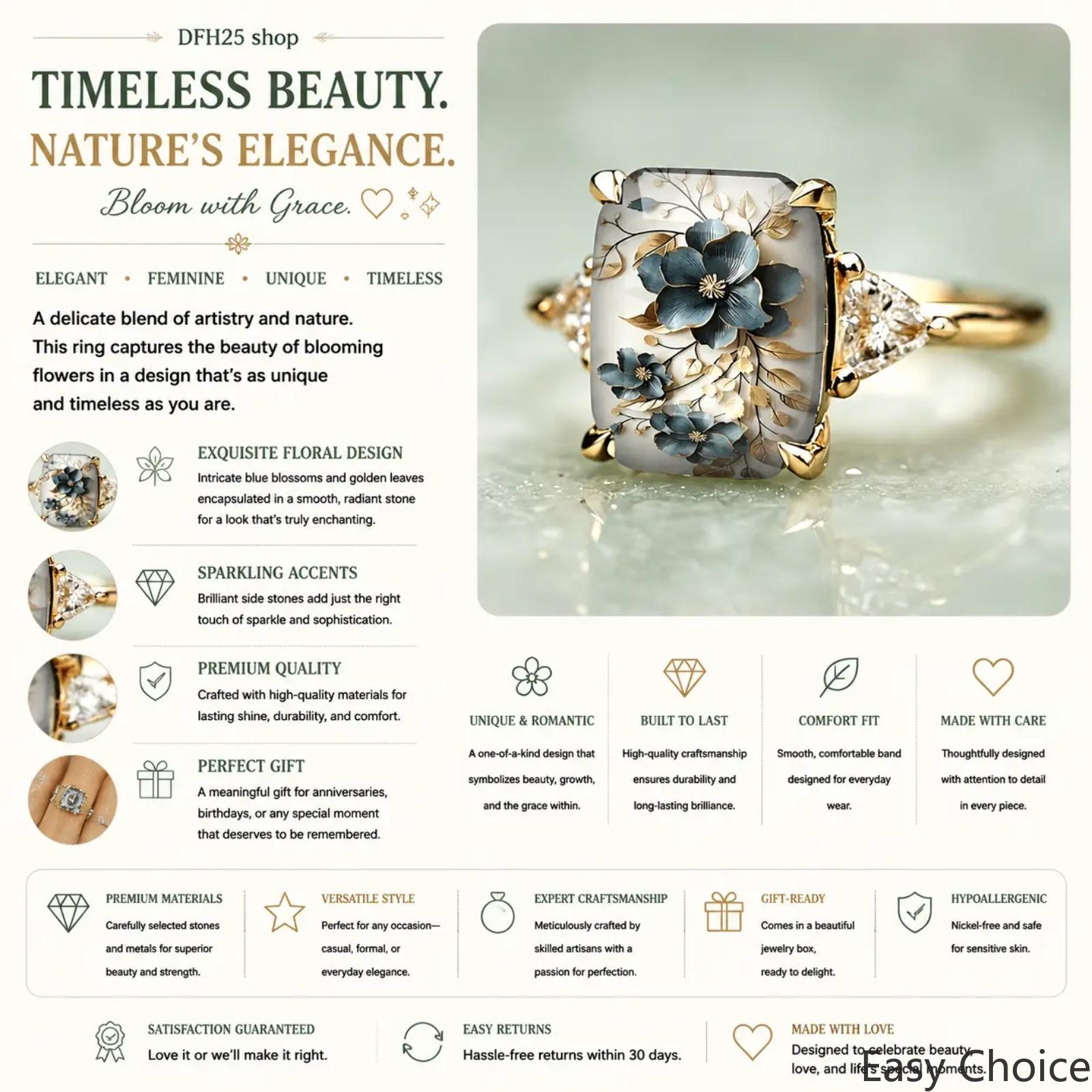 Blue Floral Art Ring for Women, Vintage Style Finger Jewelry with Oil Painting Effect for Daily Wear, Parties, and Gifting Artistic Flair Elegant Design