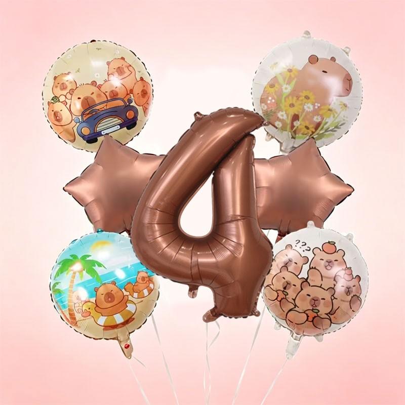 9-Piece Capybara Birthday Balloon Set, 32-Inch Chocolate Number, Shiny Star Aluminum Balloons, Party Decor, Kids Photo Props, Home Wall Decoration, Birthday Party Decorations