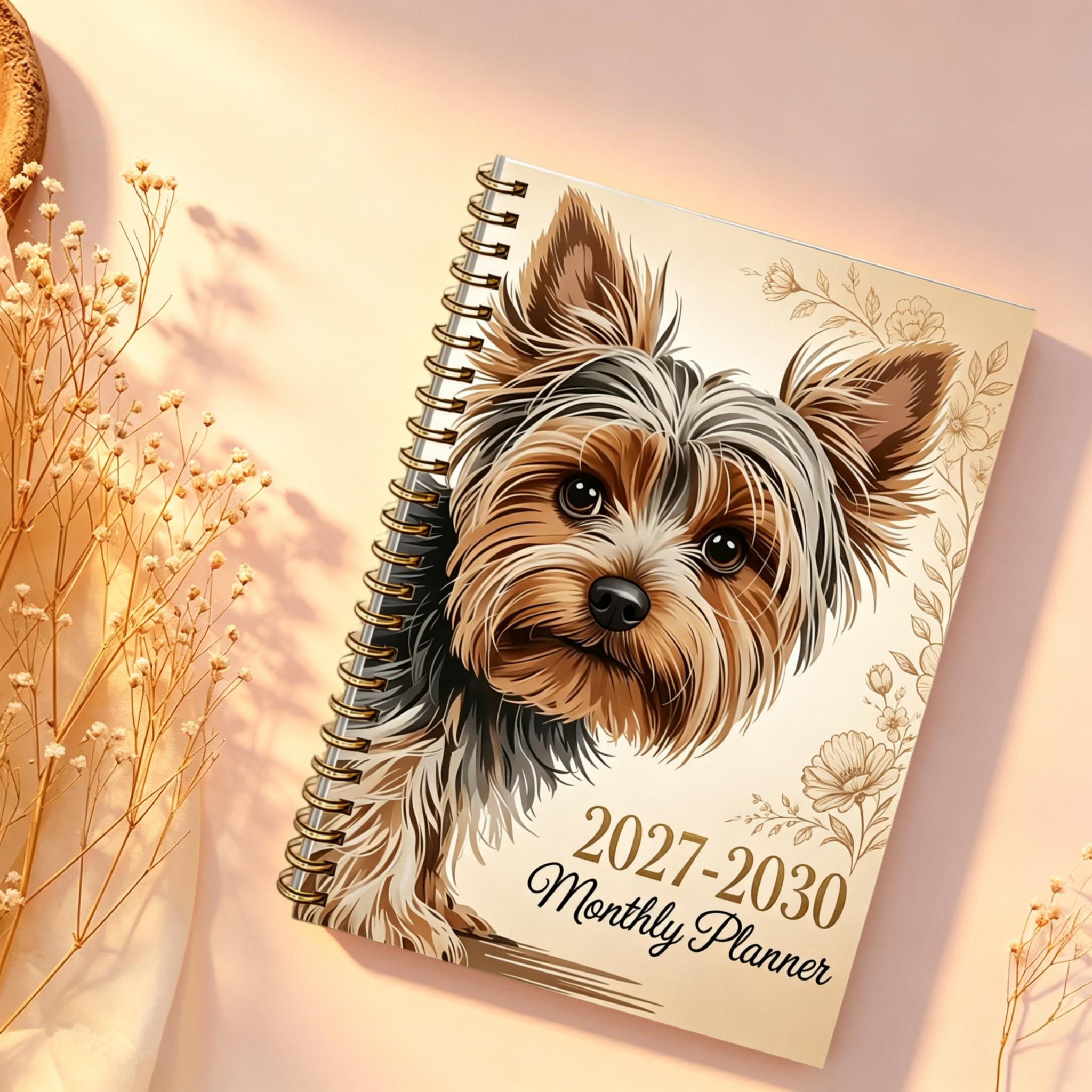 2027-2030 Monthly Custom Calendar - January 2027 to December 2030, four-year monthly custom, fun brown dog and floral themed cover notebook, annual calendar customization, month tabs, 48-month calendar, 13.97 x 21.08 cm thick paper