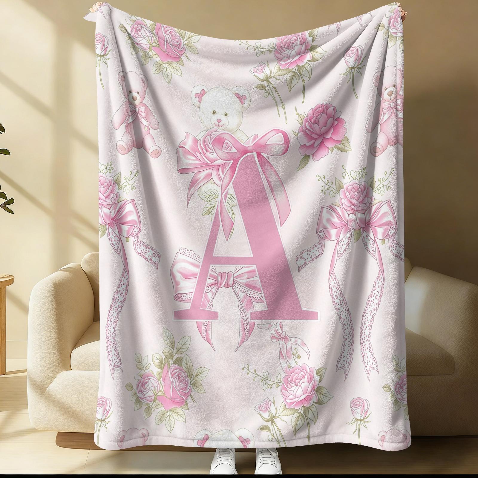 Pink Coquette Initial Letter Throw Blanket, Soft Fuzzy Plush, Teddy Bear & Rose Floral, Girly Bow Print, Lightweight for Couch Bed Office, All Seasons, Aesthetic Room Decor, Perfect Gift