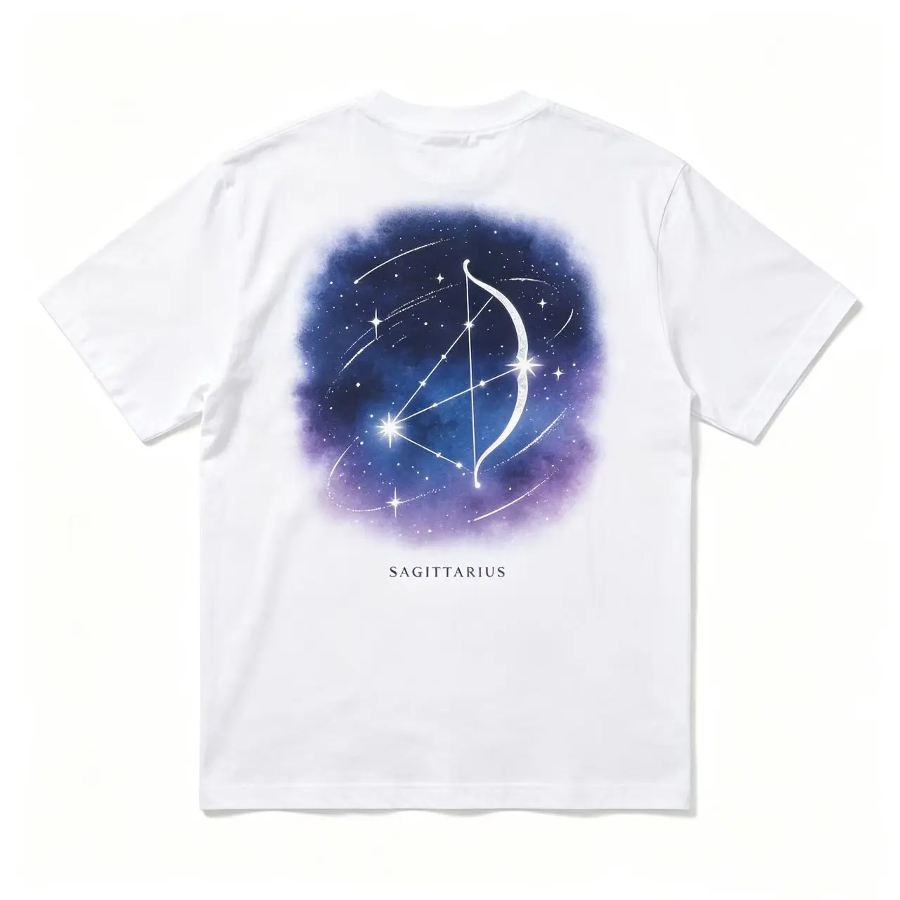 Women's Oversized Short-Sleeve Breathable Casual Classic Distressed White Cotton T-Shirt - Gradient Purple-Blue Galaxy Sagittarius Bow Constellation Back Print, Zodiac Horoscope Graphic Tee, Unique Sag Birthday Gift