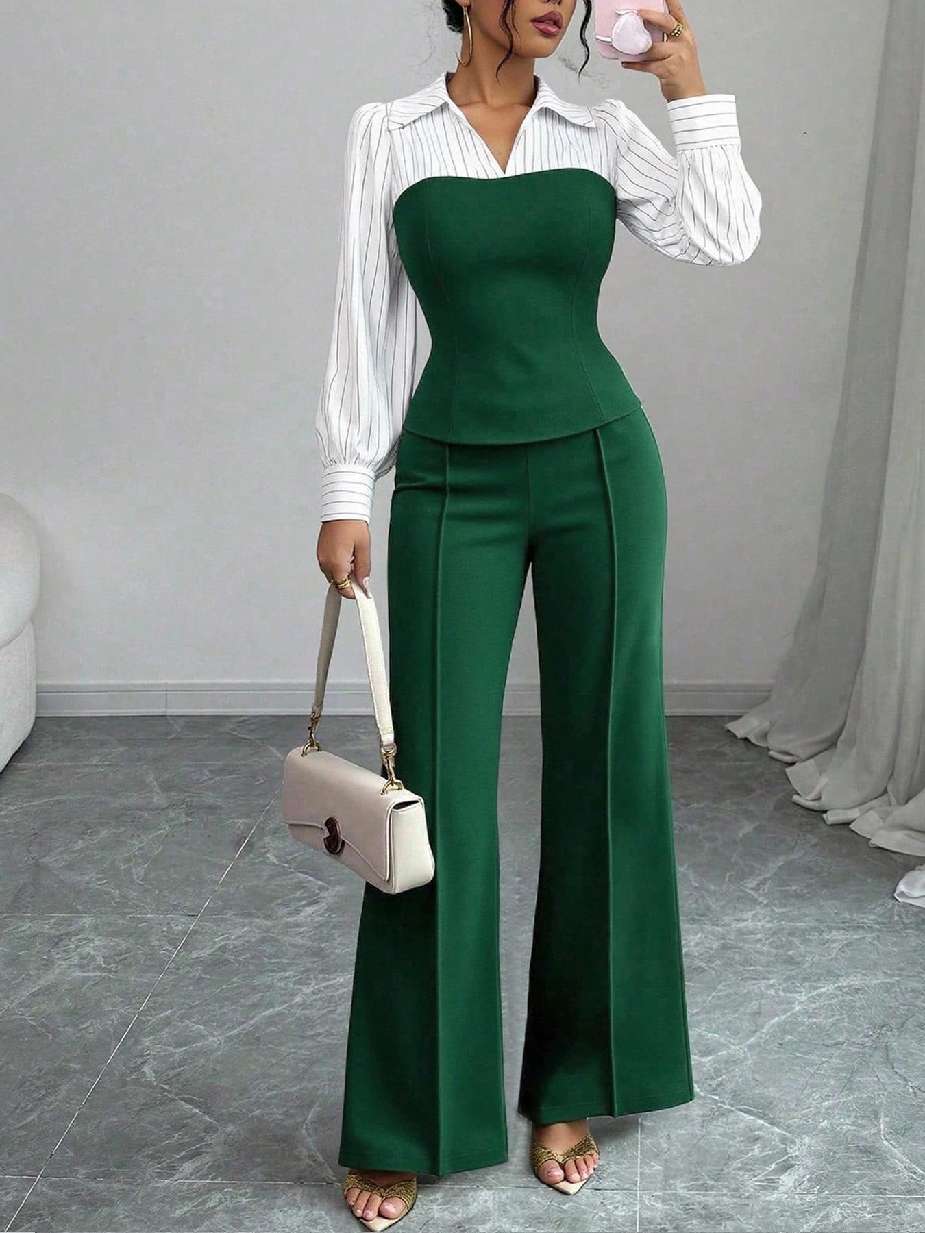 Women's Long Sleeve Colorblock Patchwork Shirt Set, Slimming Waist Design, Straight Leg Pants, Casual Fashion, 2 Piece Set