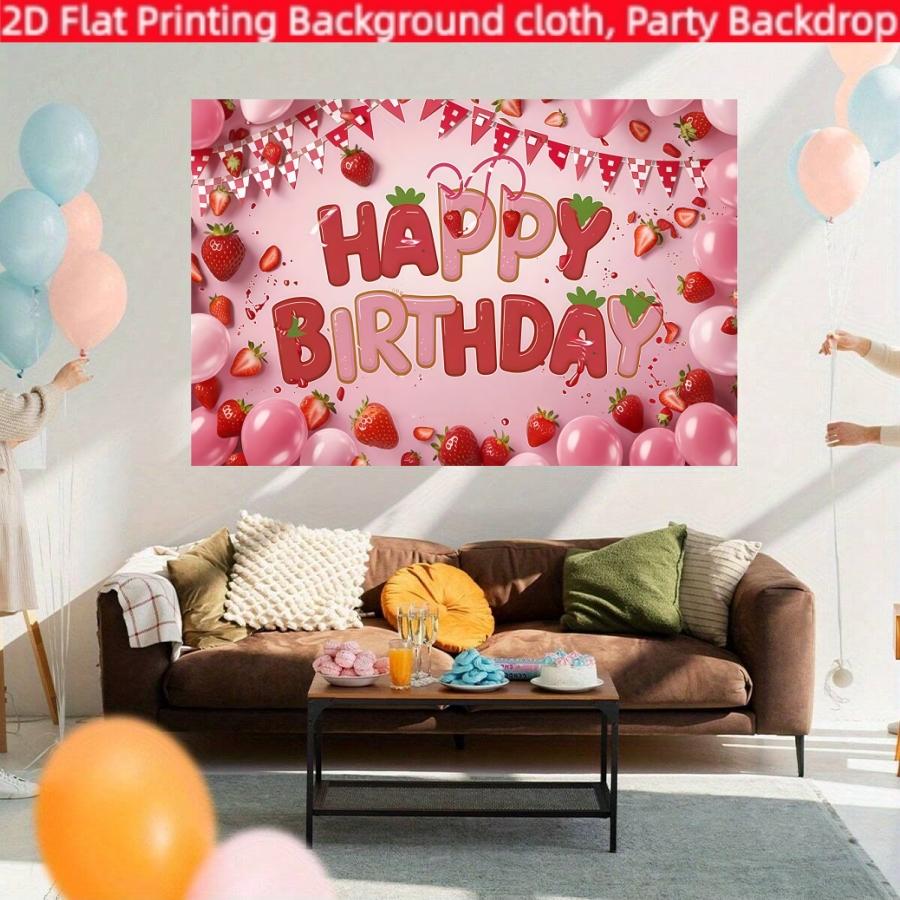 Pink strawberry themed birthday party background cloth,polyester birthday party banner,vibrant pink background,suitable for photo booths, parties, birthdays, celebrations, indoor and outdoor home birthday party decoration, home decoration, room decoration