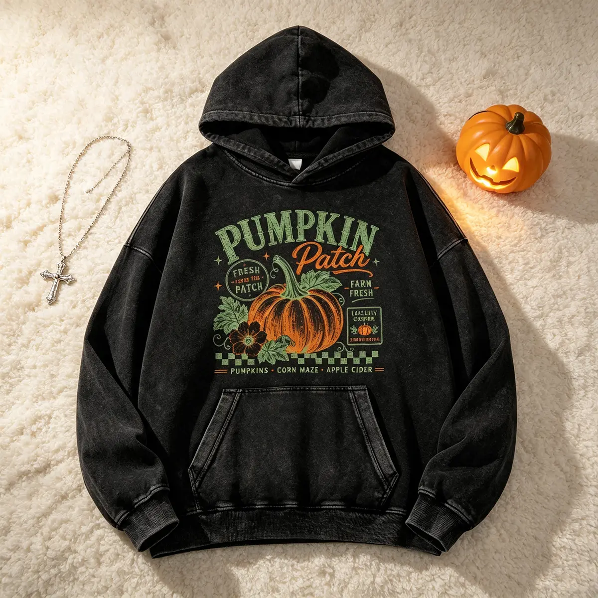 Pumpkin Patch Washed Hoodie, Vintage Autumn Sweatshirt, Farm Fresh Pumpkin Hoodie, Retro Autumn Pumpkin Patch 380g Autumn VIntage Washed Hoodie Graphic Sweatshirt