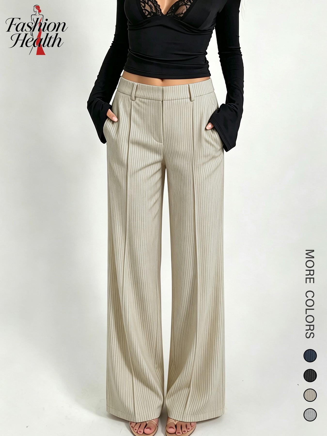 Women's High-Waisted Striped Pants, Casual Loose-Fit Baggy Office Wear, Spring Summer New Arrival, Korean Style Straight Leg Jeans