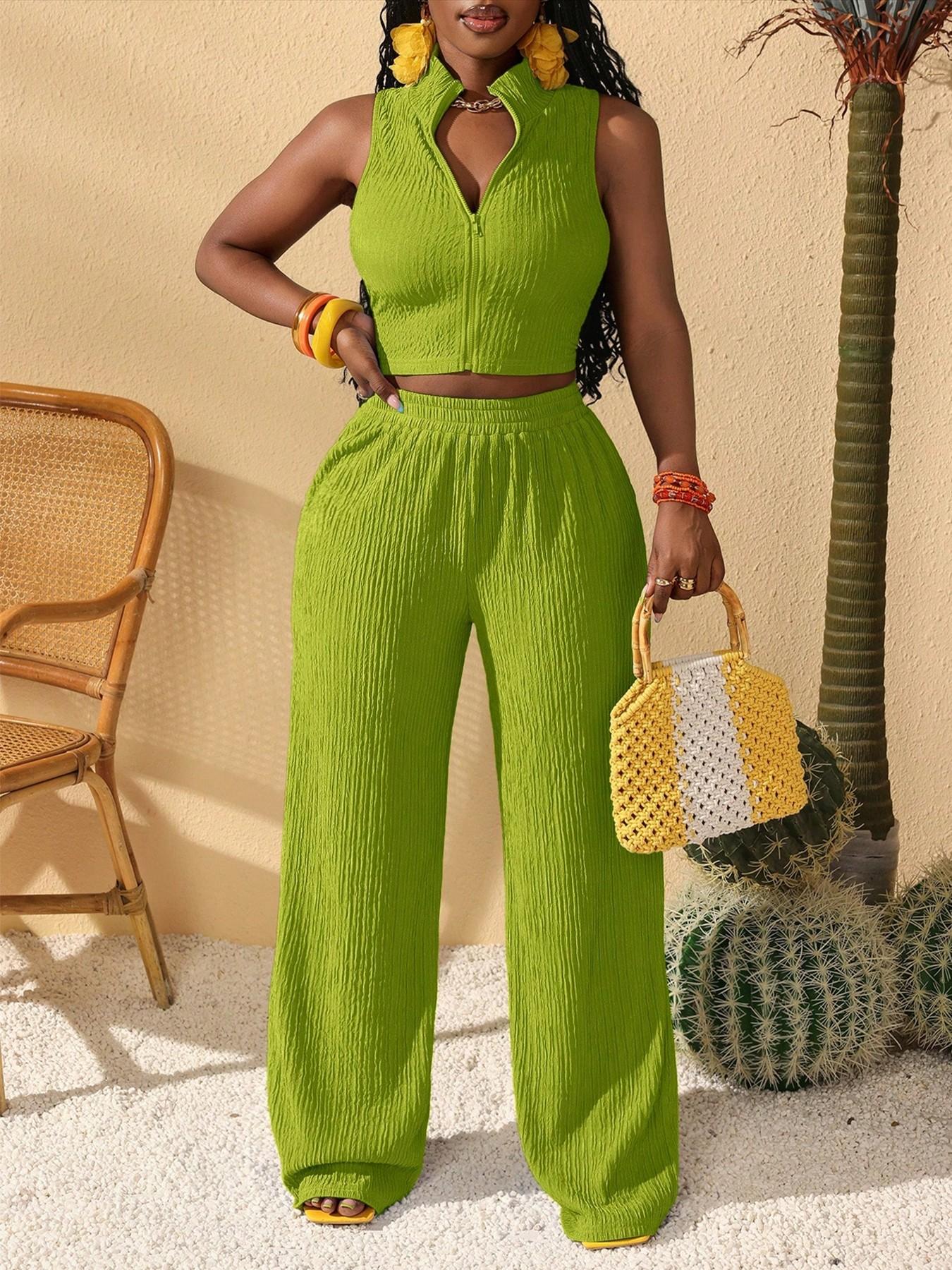 Women's Summer Two-Piece Set Lightweight High-Waisted Casual Chic Long Pants + Zipper Short Sleeveless Tank Top, Streetwear Vacation Style, Casual Outfit Set
