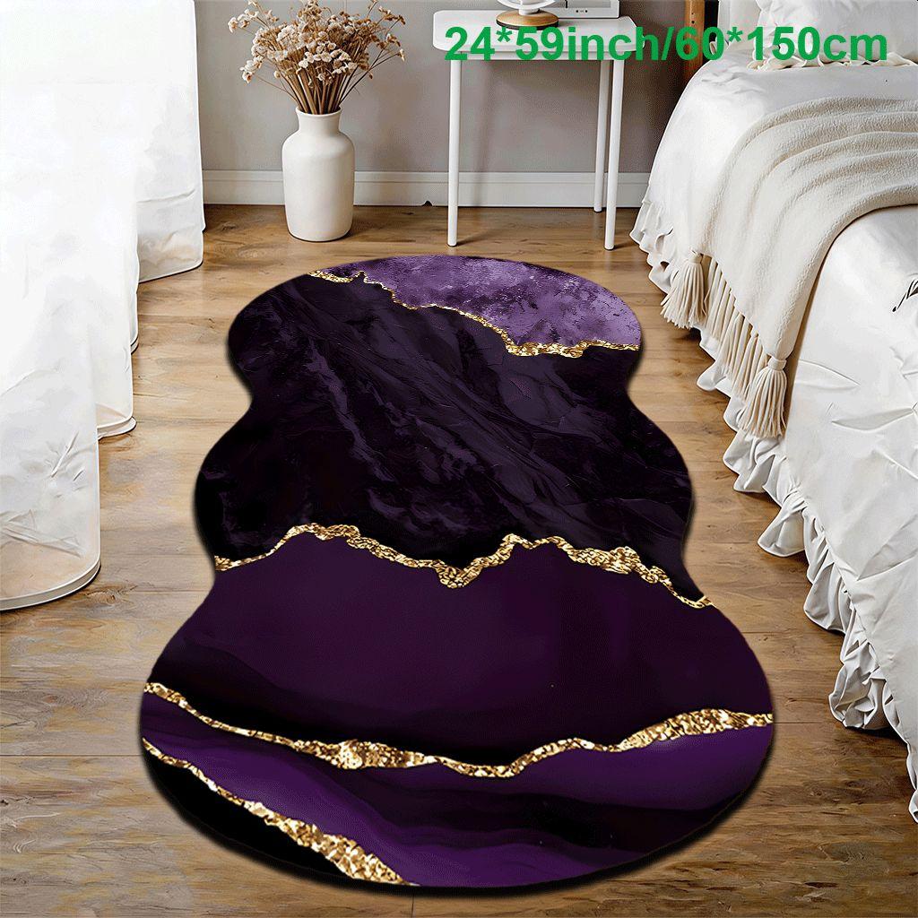 2D Flat velvet irregular shape carpet with purple marble and gold foil pattern, machine washable and non-slip design, suitable for bedrooms/rooms, all seasons of spring, summer, autumn and winter, as well as Valentine's Day, Christmas and Thanksgiving, du