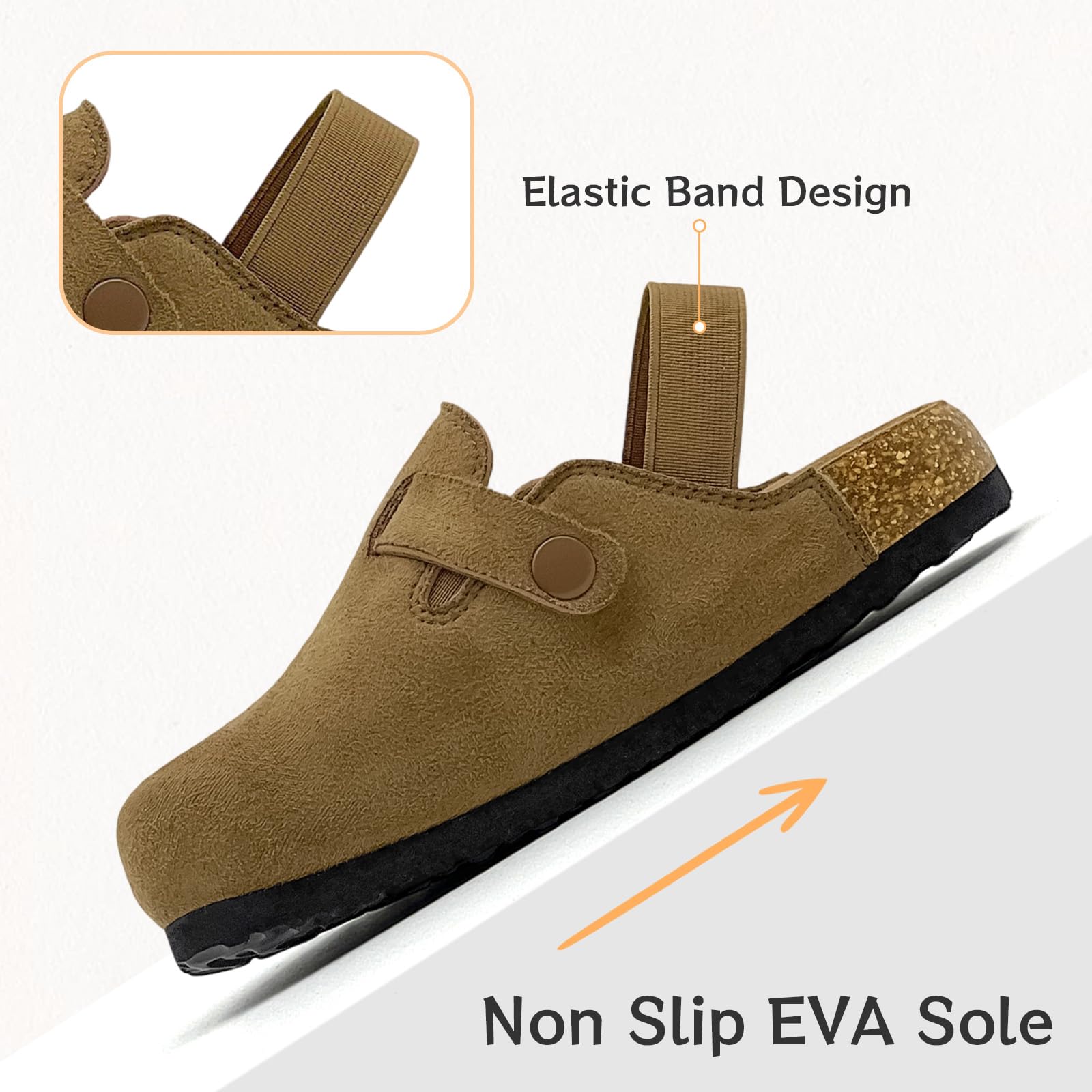 Lumubby Kids Suede Clogs Toddler Clogs Boys Girls Sandals Cork Footbed Indoor Outdoor Cute Sandals Classic Adjustable Shoes Round Toe Anti Slip Soft Footwear Comfortable & Fashionable