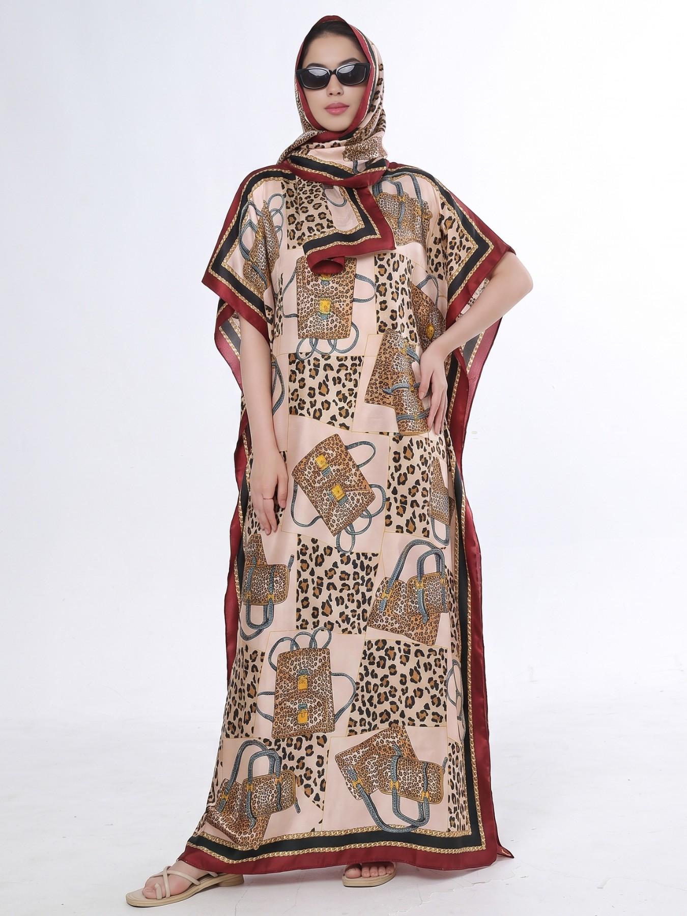 Women's Elegant Dynamic Print Silk-Feel Long Robe & Poncho Kaftan Set, Loose Satin Muslim Islamic Clothing Set Fashion Short Sleeve Maxi Dress & Scarf Two Piece Sets, Lightweight Going Out Outfit