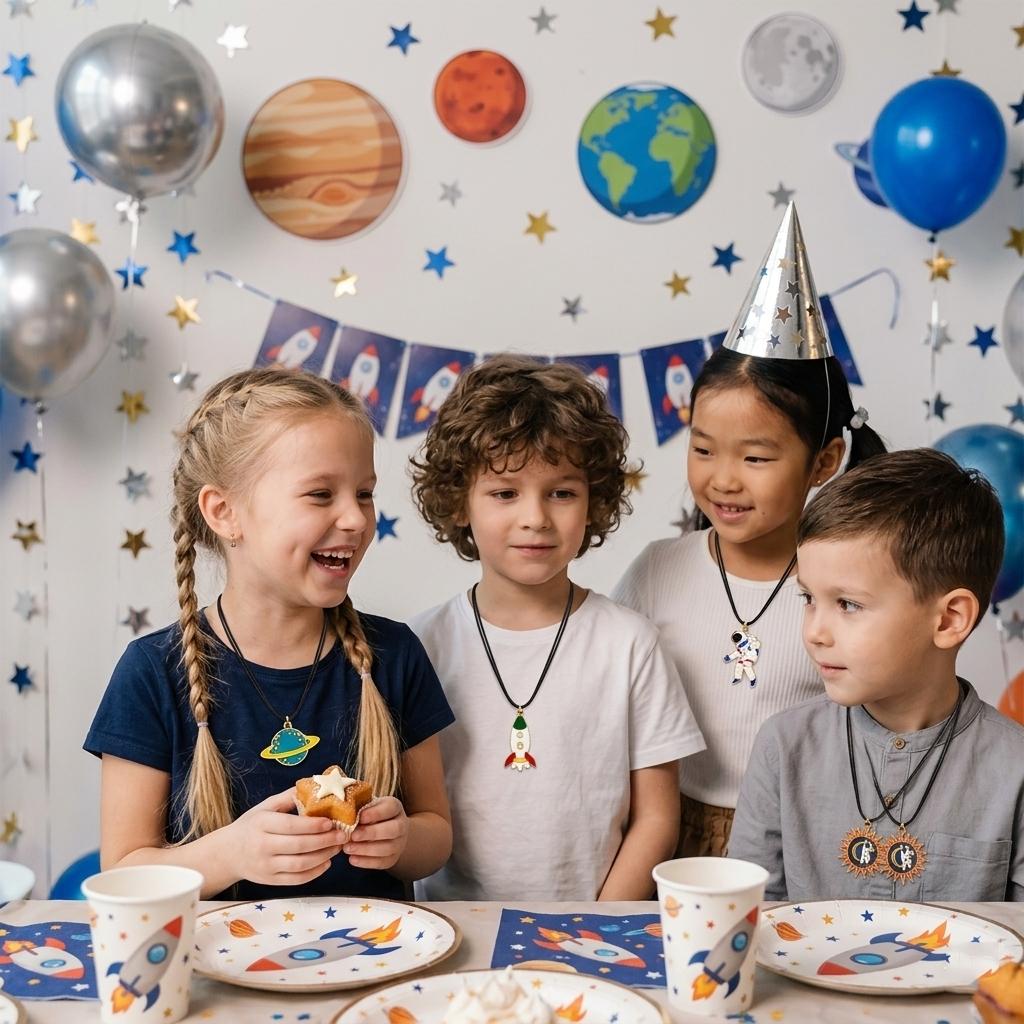 24pcs Space Theme Party Necklaces for Kids, Enamel Astronaut Planet Rocket Ufo Pendants, Galaxy Birthday Party Supplies, Boys Girls Gift Fillers
