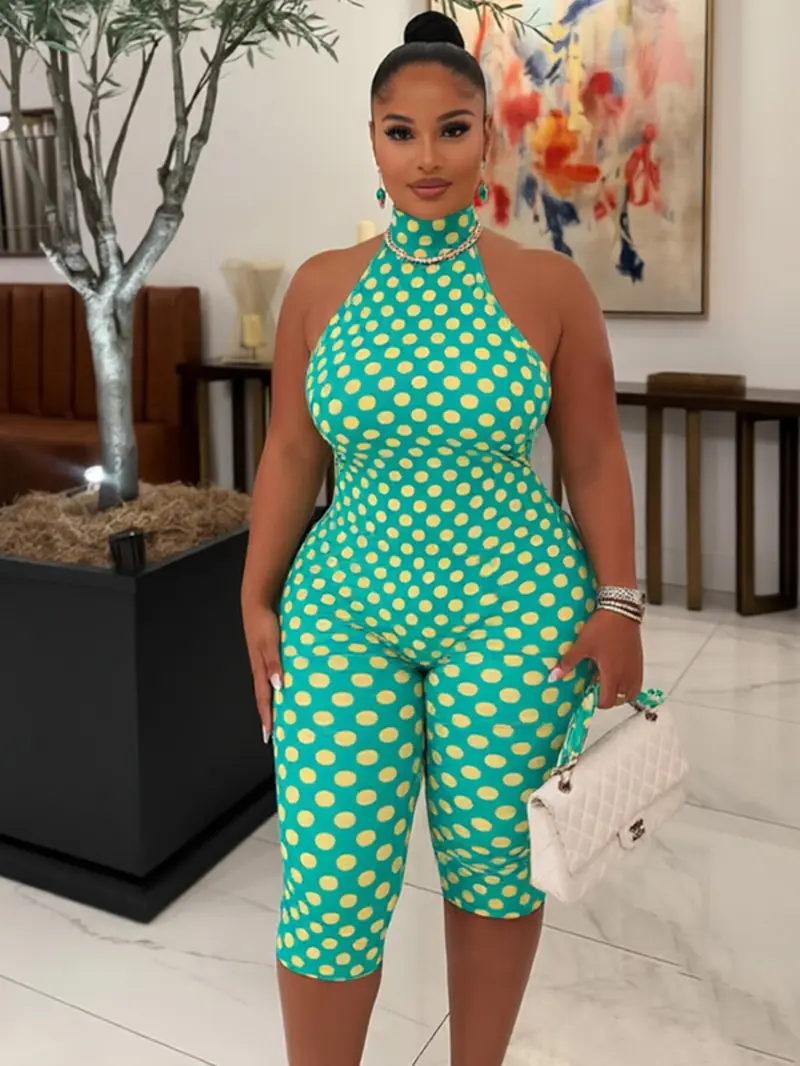 Women's Polka Dot Halter Tie Backless Jumpsuit, Womenswear, Ruched Design Chic Vibe, Perfect for Parties & Gatherings