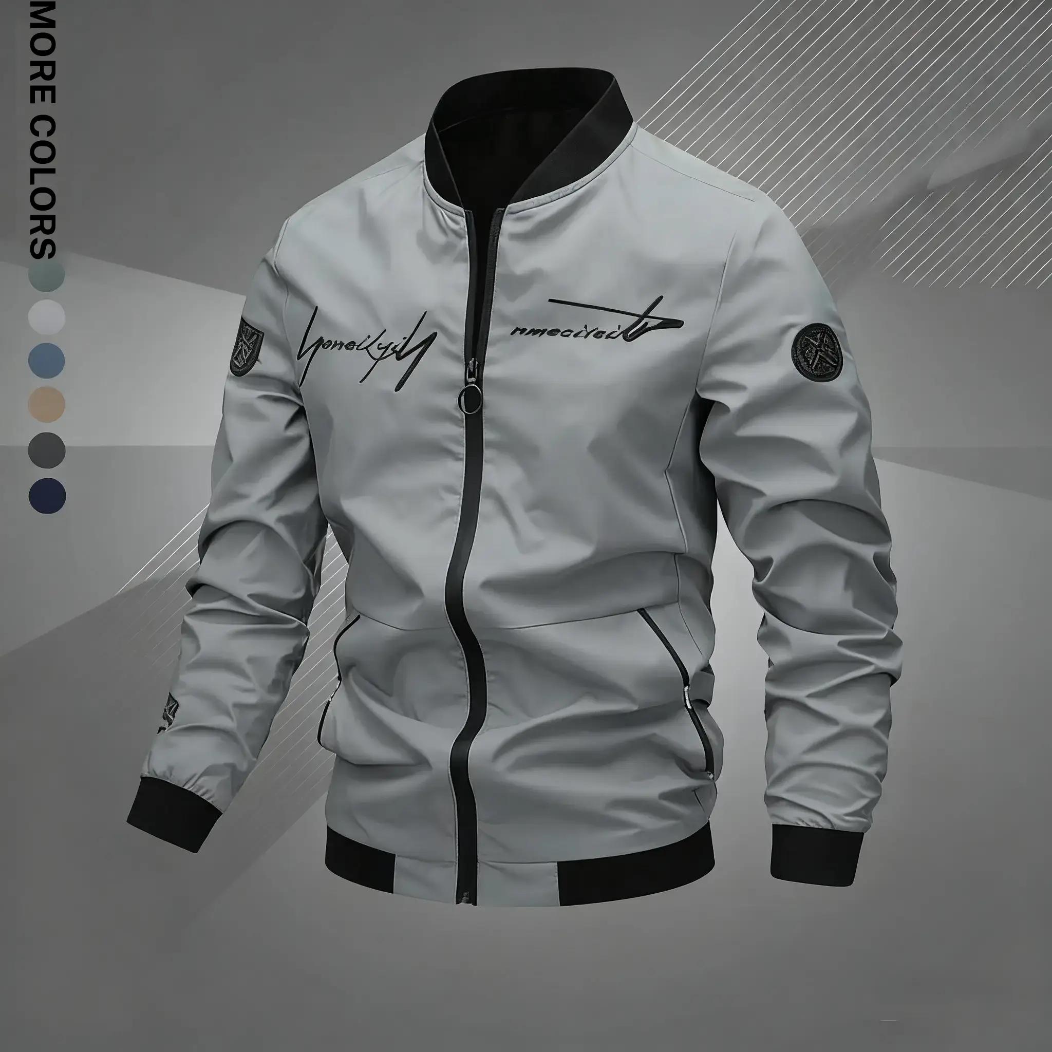 Men's Letter Embroidered Pilot Jacket Casual Coat, Versatile Letter Embroidered Top Baseball Jersey Casual Coat Spring and Autumn, Casual Baseball Collar Zipper Long Sleeve Jacket, Zipper Jacket, Polyester Fiber Jacket, Suitable for Spring and Autumn Outd