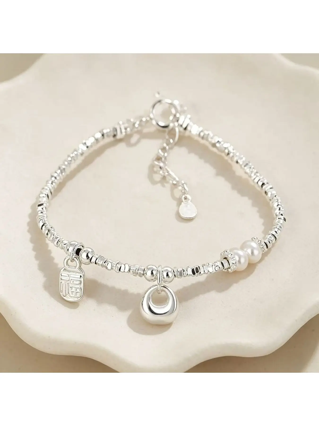 Crushed Silver Bead Bracelet with Pearl & Blessing Charm, Adjustable Fashion Wrist Jewelry for Women
