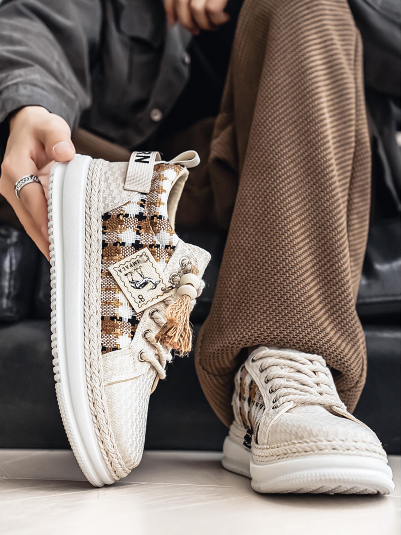 Summer New Men's Retro Plaid Laces, Braided Rope Shoelace Design, Easy-On-Off Hemp Laces, Commuter & Casual Shoes, Versatile Footwear