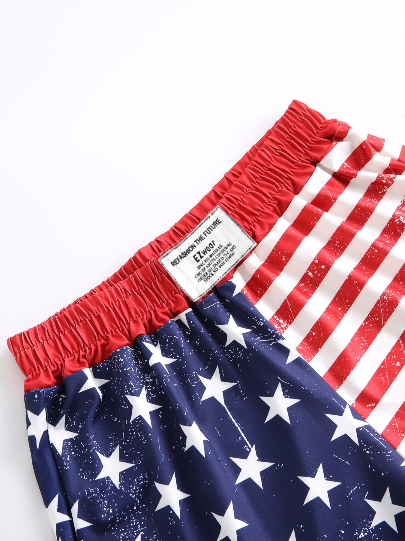 American Vintage Flag Brief Shorts, Y2K Elastic Waist, Loose-Fitting Casual Style, All over Print, Summer Fashion, Youthful Look