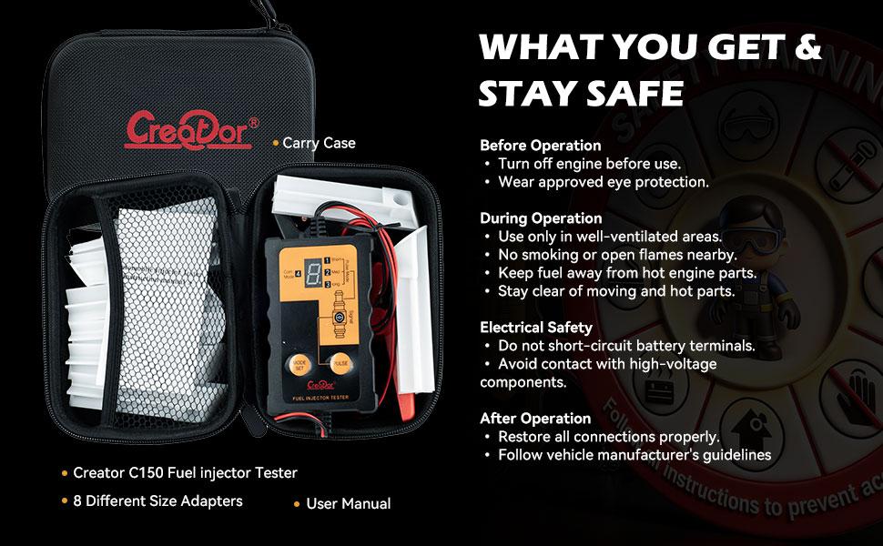 Creator Fuel Injector Testing and Cleaning Tool Kit, 8 Pulse Modes, 4-Wire Dual-Channel Simultaneous Testing, 8 Adapter Sizes, 12V/5V Output for DIY Auto Repair