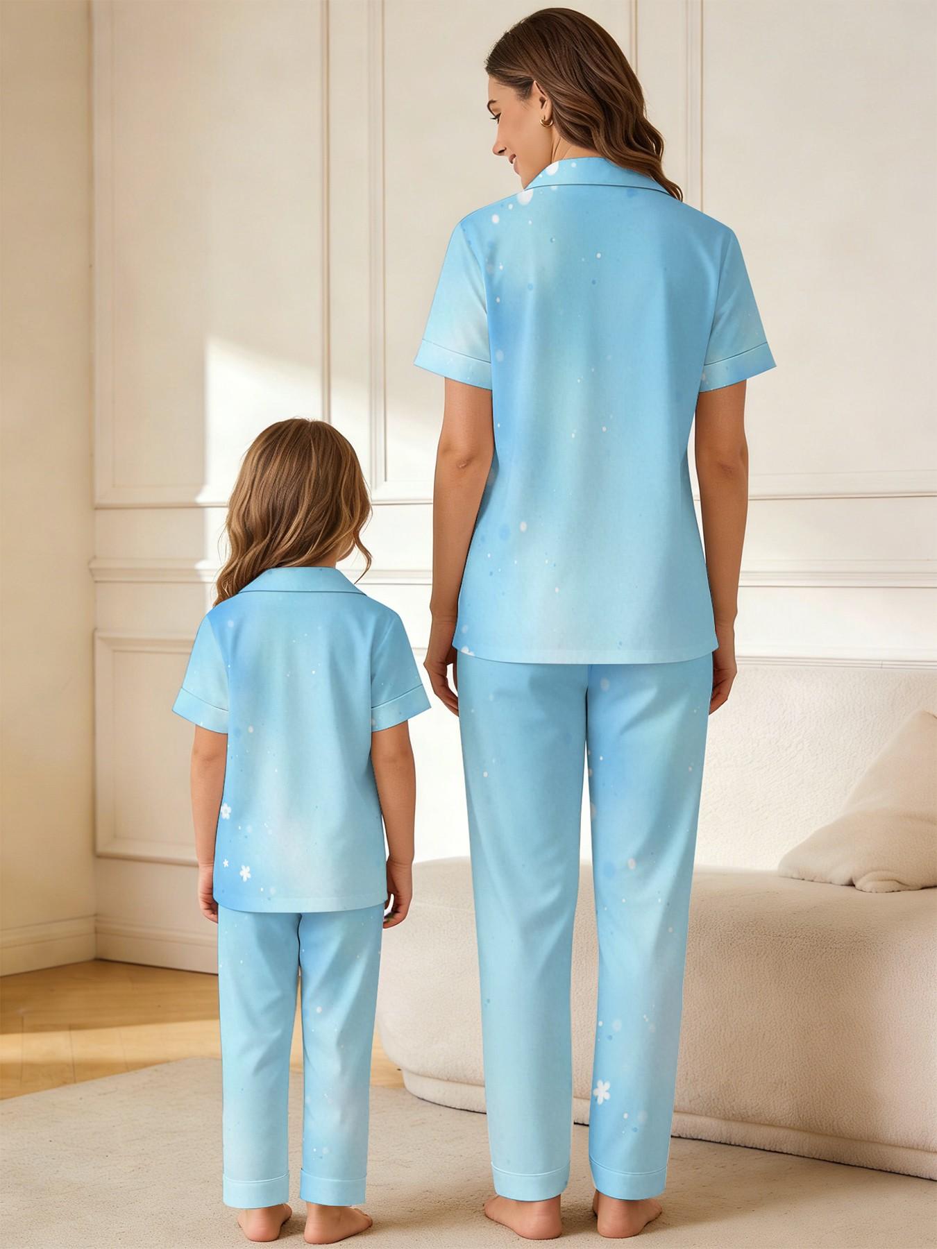 Family Theme Rabbit Bow Sleepwear, Fresh Milk Blue, Mother-Daughter Atmosphere, Casual Slim-Fitting Pajamas, Random Print Design