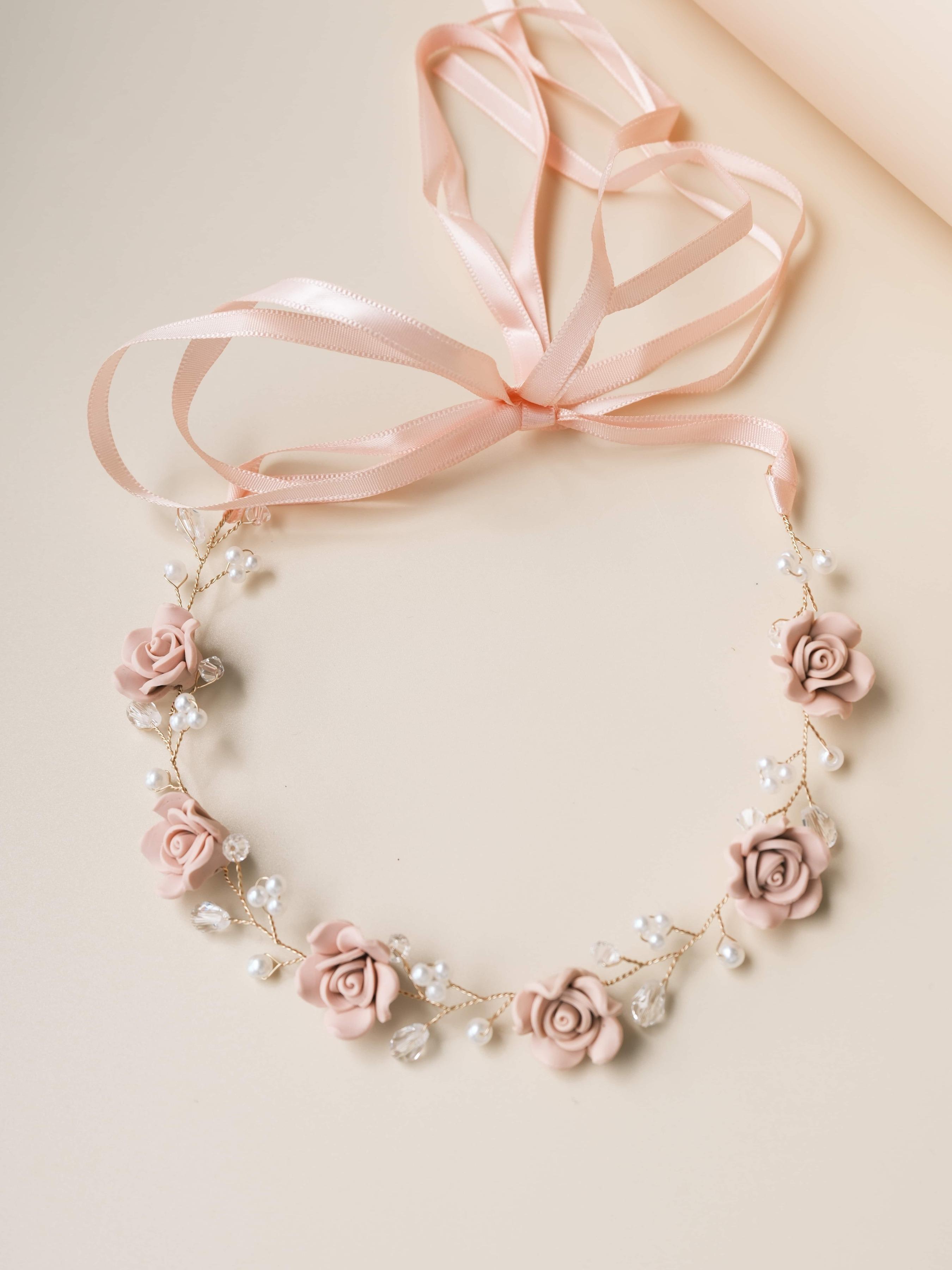 Elegant Rose Pearl Crystal Bridal Hair Vine, Handmade Soft Clay Wedding Headband with Ribbon Tie, Bohemian Romantic Hair Ring