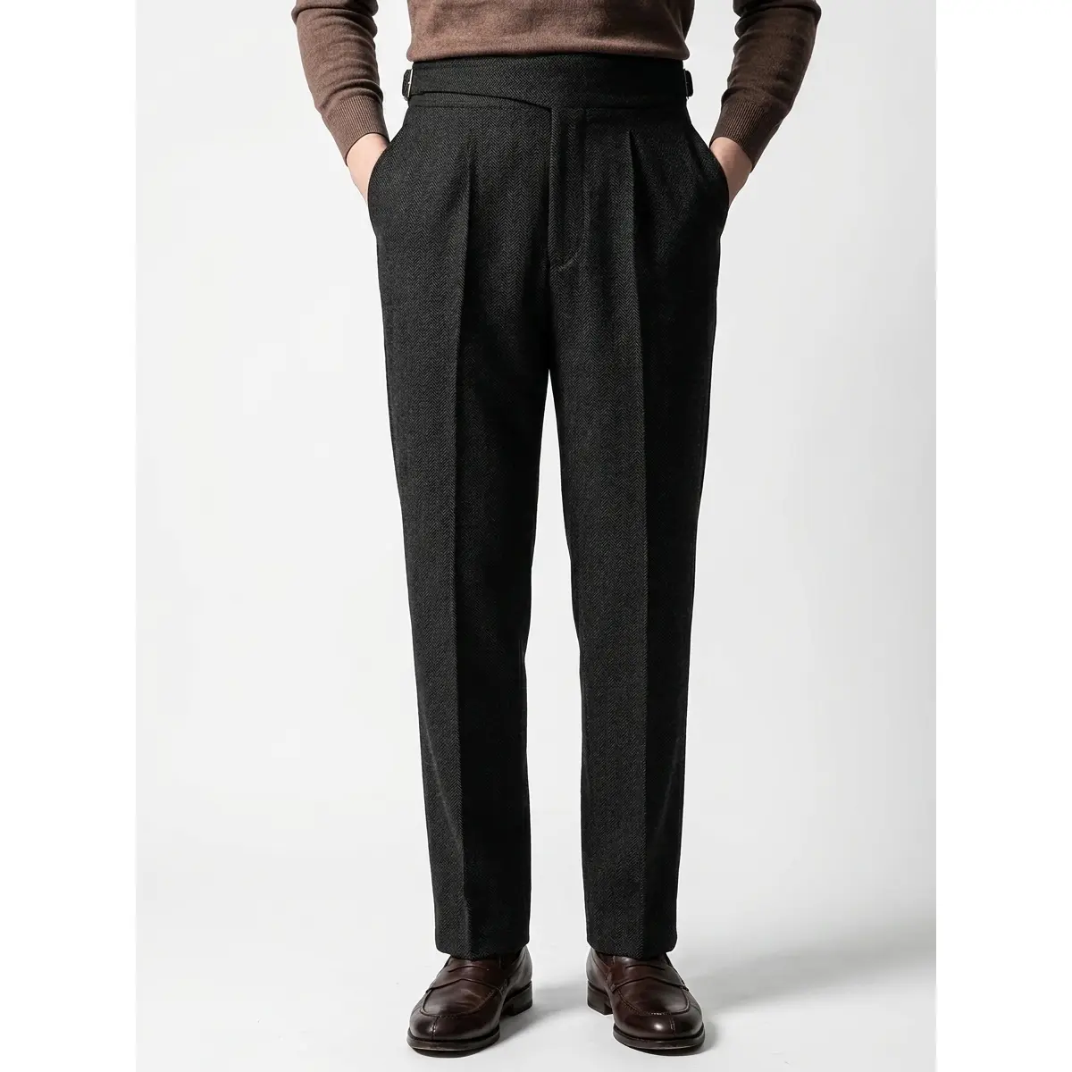 Men's Herringbone Tweed Double-Pleat Straight-Leg Turn-Up Cuff Retro Gentleman Formal Dress Trousers (for Blazer Pairing)