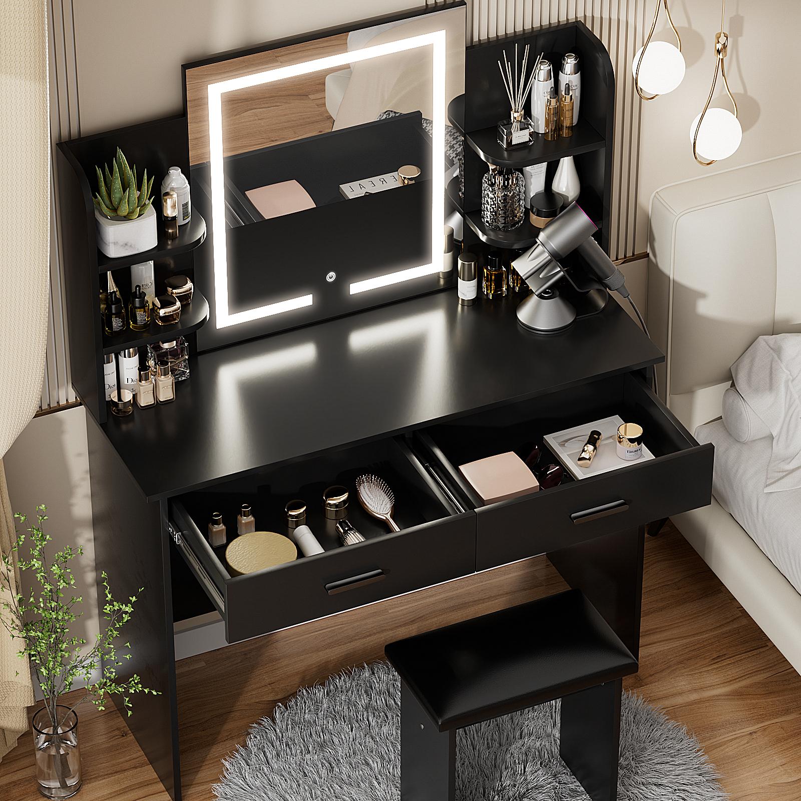 VOWNER Modern Makeup Vanity Desk with Lighted Mirror,2 Drawers,6 Storage Shelves and Cushioned Stool