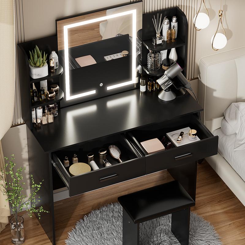 VOWNER Modern Makeup Vanity Desk with Lighted Mirror,2 Drawers,6 Storage Shelves and Cushioned Stool