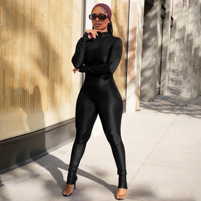Women's Shiny Satin High-Neck Footed Jumpsuit, Long Sleeve Fitted Bodycon Jumpsuit, Nightclub Streetwear Sexy