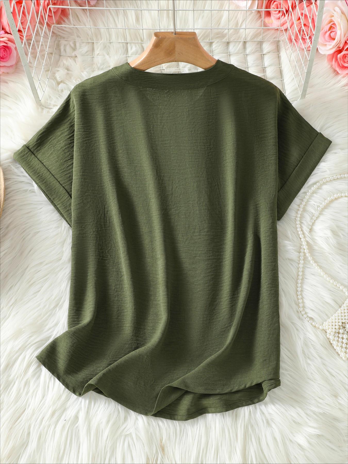 Women's Simple Vintage Solid Color V-Neck Short Sleeve Shirt, Blouse, Casual Ladies' Top, Stylish and Comfortable, Perfect for Daily Wear