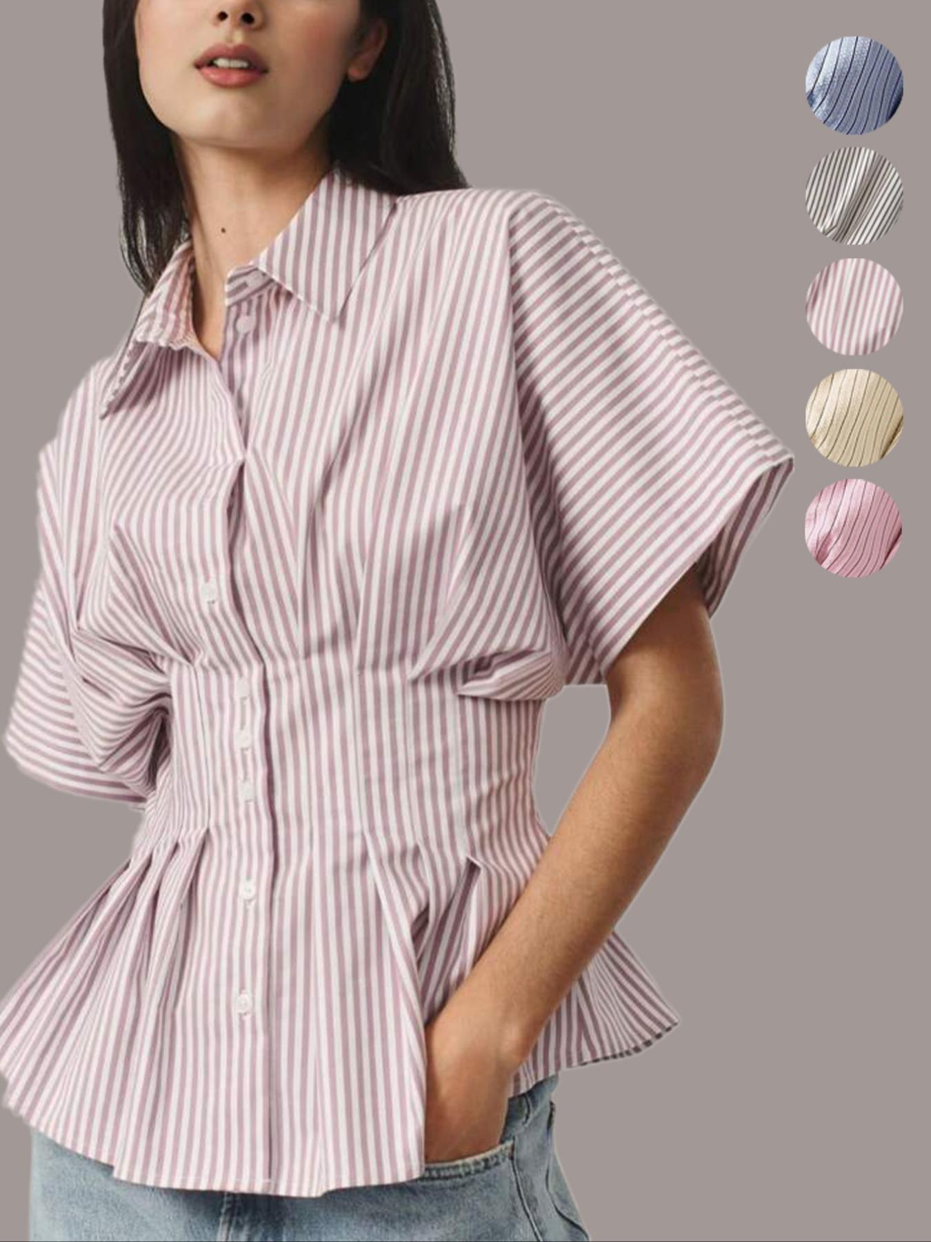 Women's Striped Aesthetic Shirt Blouse, Casual Short Batwing Sleeve Collar Top for Daily Wear, Ladies Clothes for Work Office Business Womenswear Women's Striped Aesthetic Shirt Blouse, Casual Short Batwing Sleeve Collar Top for Daily Wear, Ladies Clothes for Work Office Business Womenswear