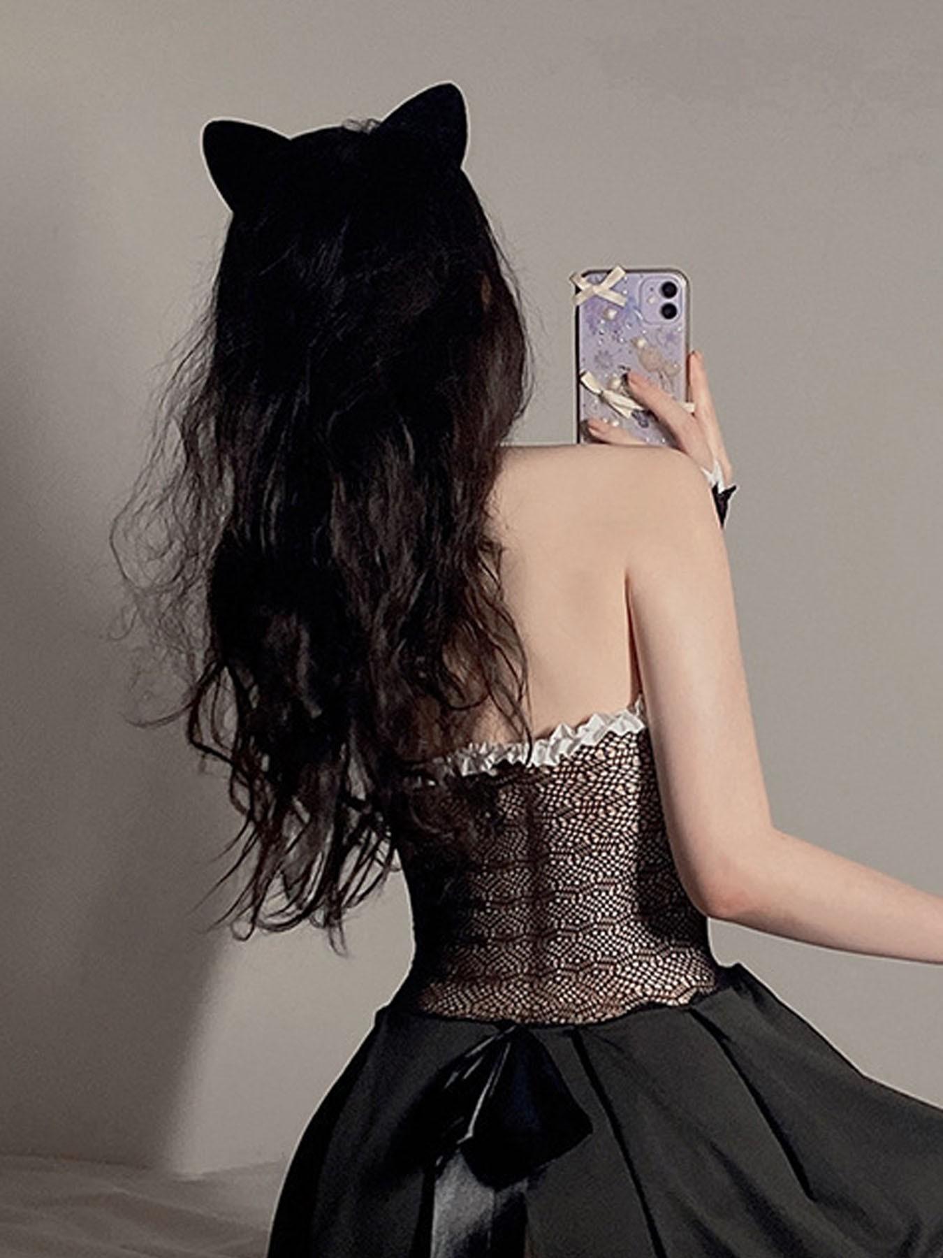 Women's Cat Maid Set, Lace Dress, Bow Mini Skirt, Cat Ear Headband, Tail Gloves, Fishnet Over-The-Knee Socks, Choker, Gothic Cute Style