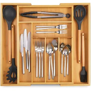 Expandable Bamboo Kitchen Drawer Organizer - Adjusts to Drawer Size - Drawer Organizer for Kitchen & Office Boxes