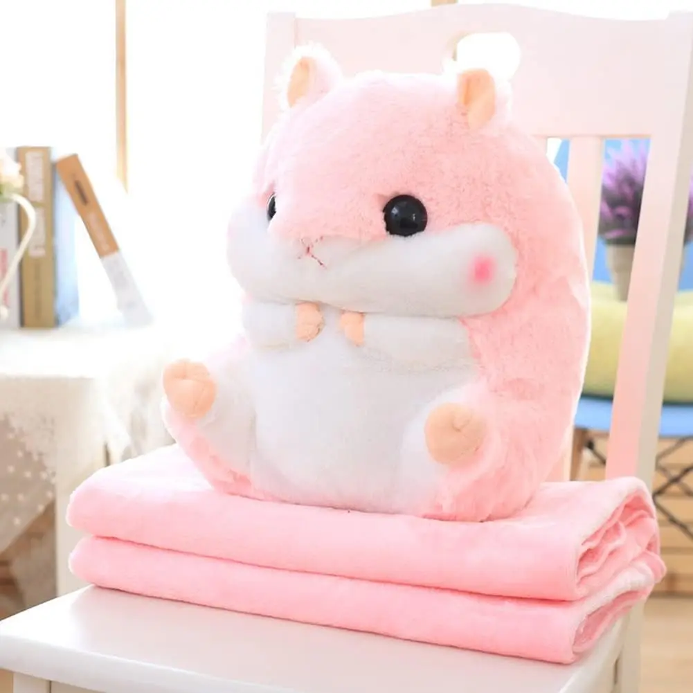 Plush Hamster Stuffed Animal Toy, 19.7 Inches Pink Hamster Throw Pillow with Blanket, Soft Cute Plush Toy for Nap Home Decor and Gifts