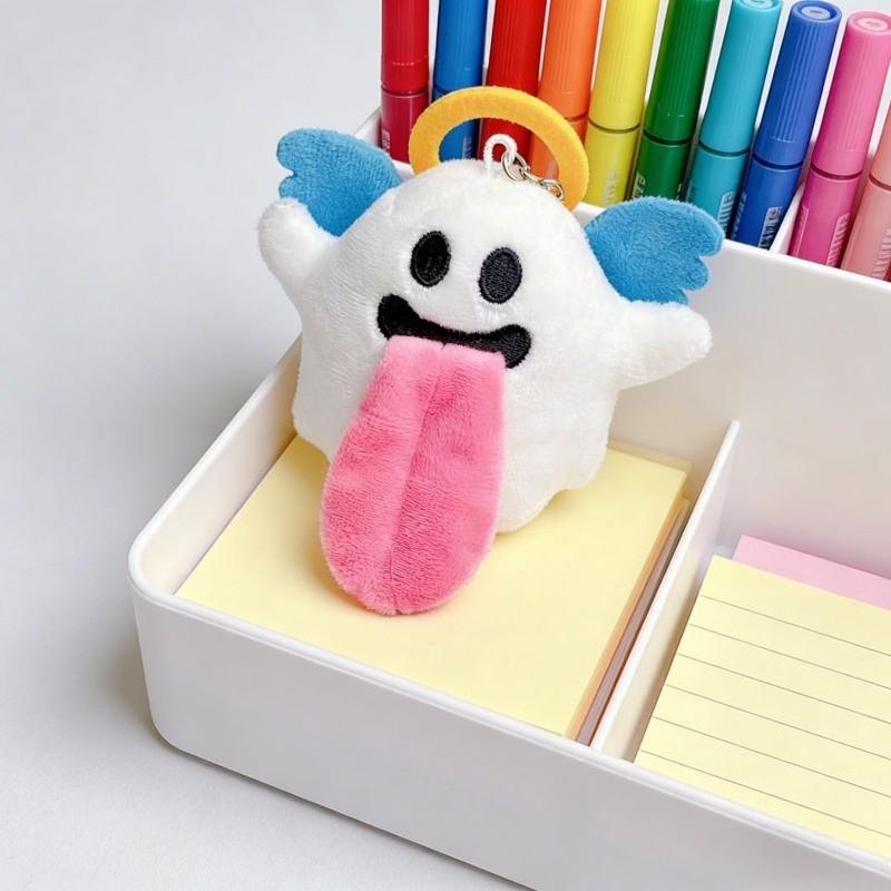 2026 Plush Keychain of Quirky Angel Ghost Design, Soft Furry Texture with Halo and Blue Wings, Funny Long Tongue for Cute Accessory Lovers
