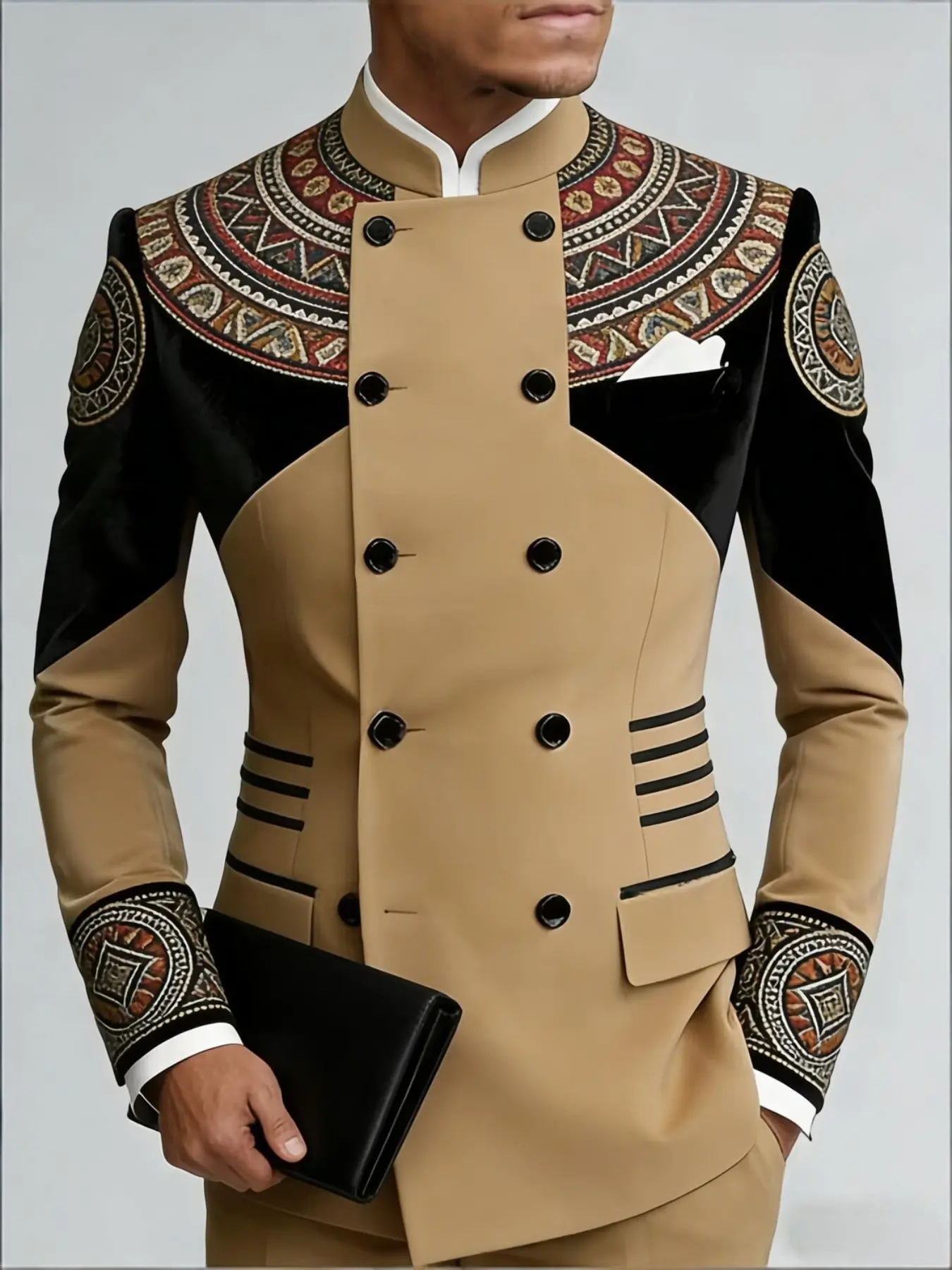 Ainwear Men 2-Piece Suit Set, Blazer & Pants, Ethnic Geometric Print, Stand-Collar, Double Breasted, Casual Fitted Jacket Trousers, Pocket